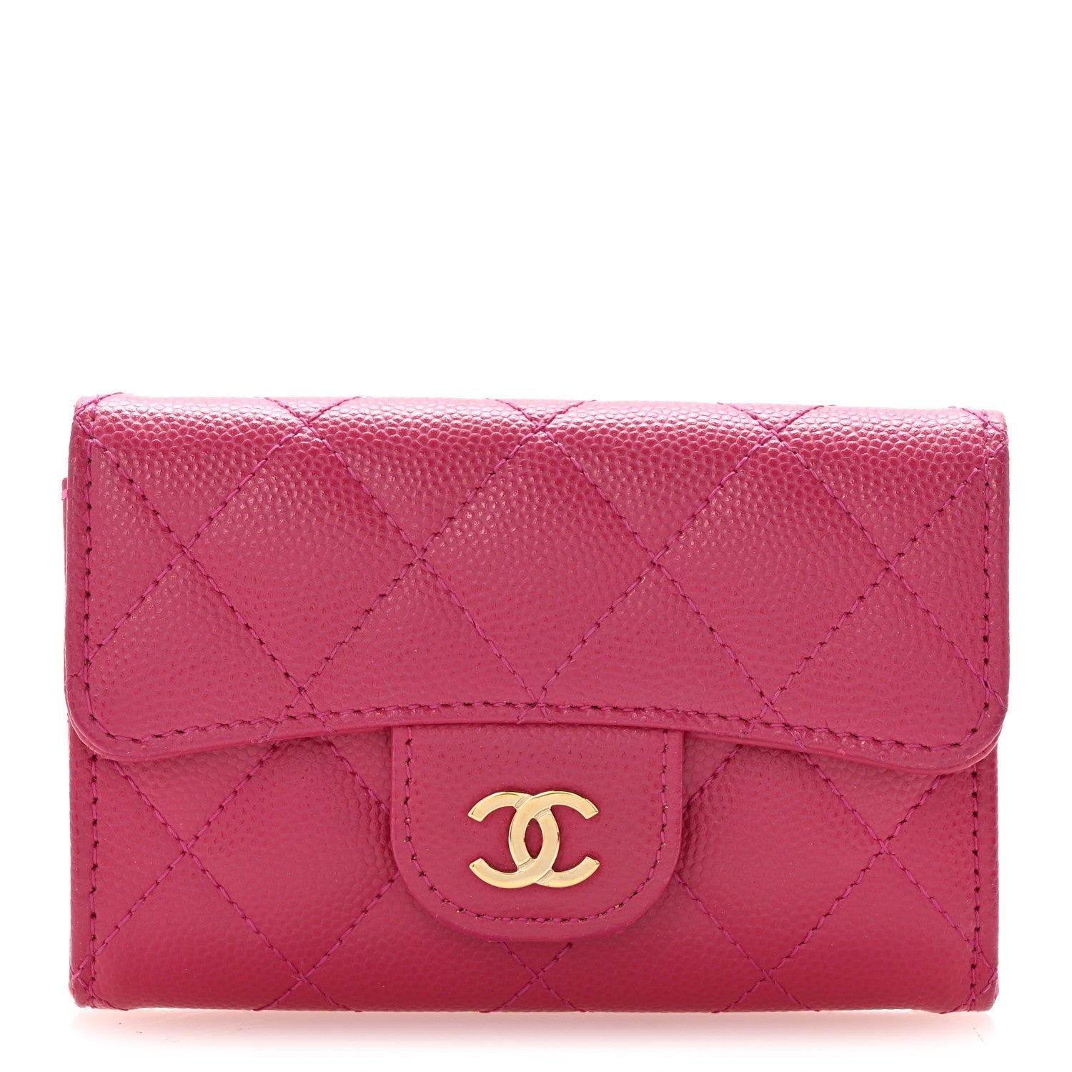 Caviar Quilted Flap Card Holder Wallet Dark Pink
