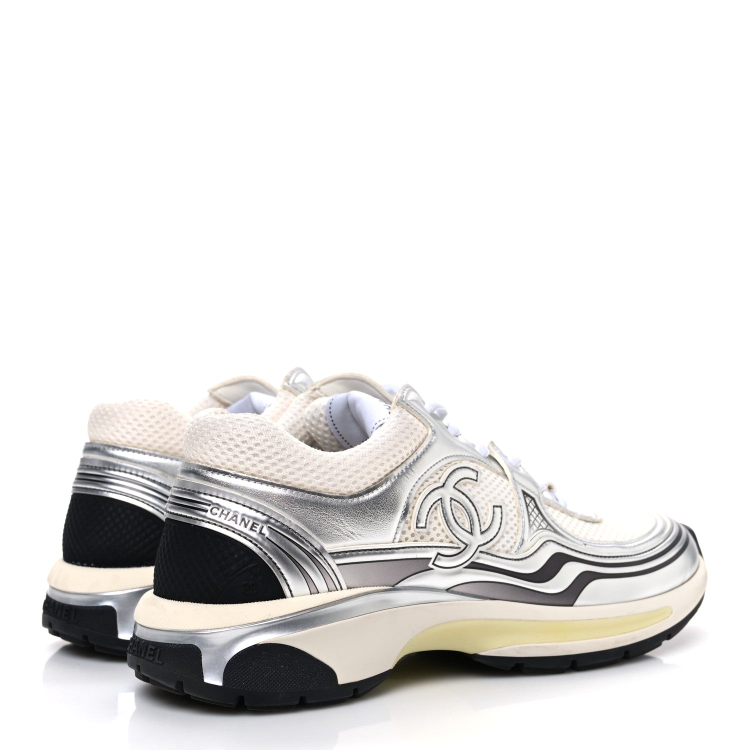 Fabric Laminated Calfskin Stretch CC Womens Sneakers 40 White Silver