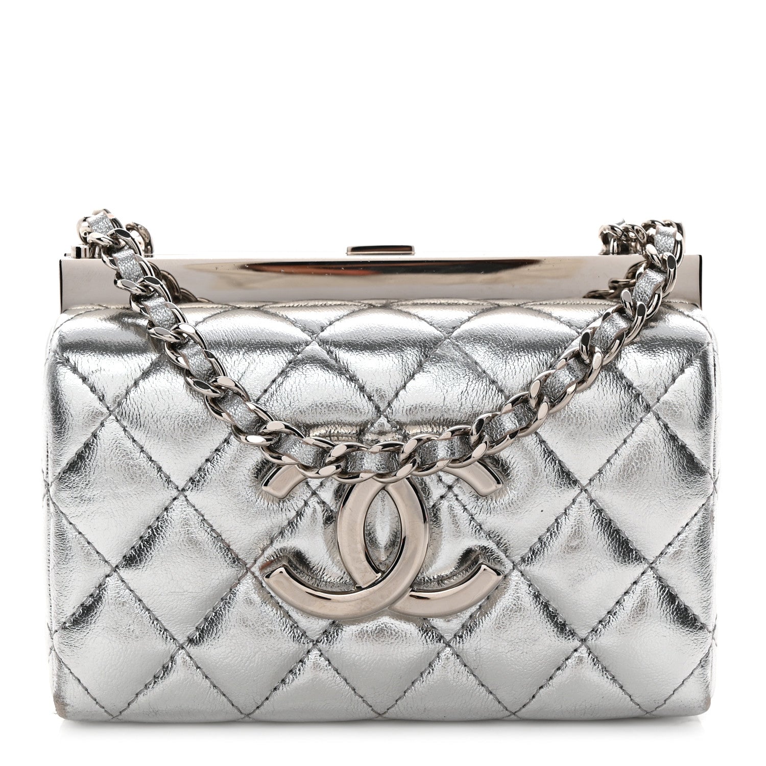 Metallic Calfskin Quilted Box Crossbody Silver