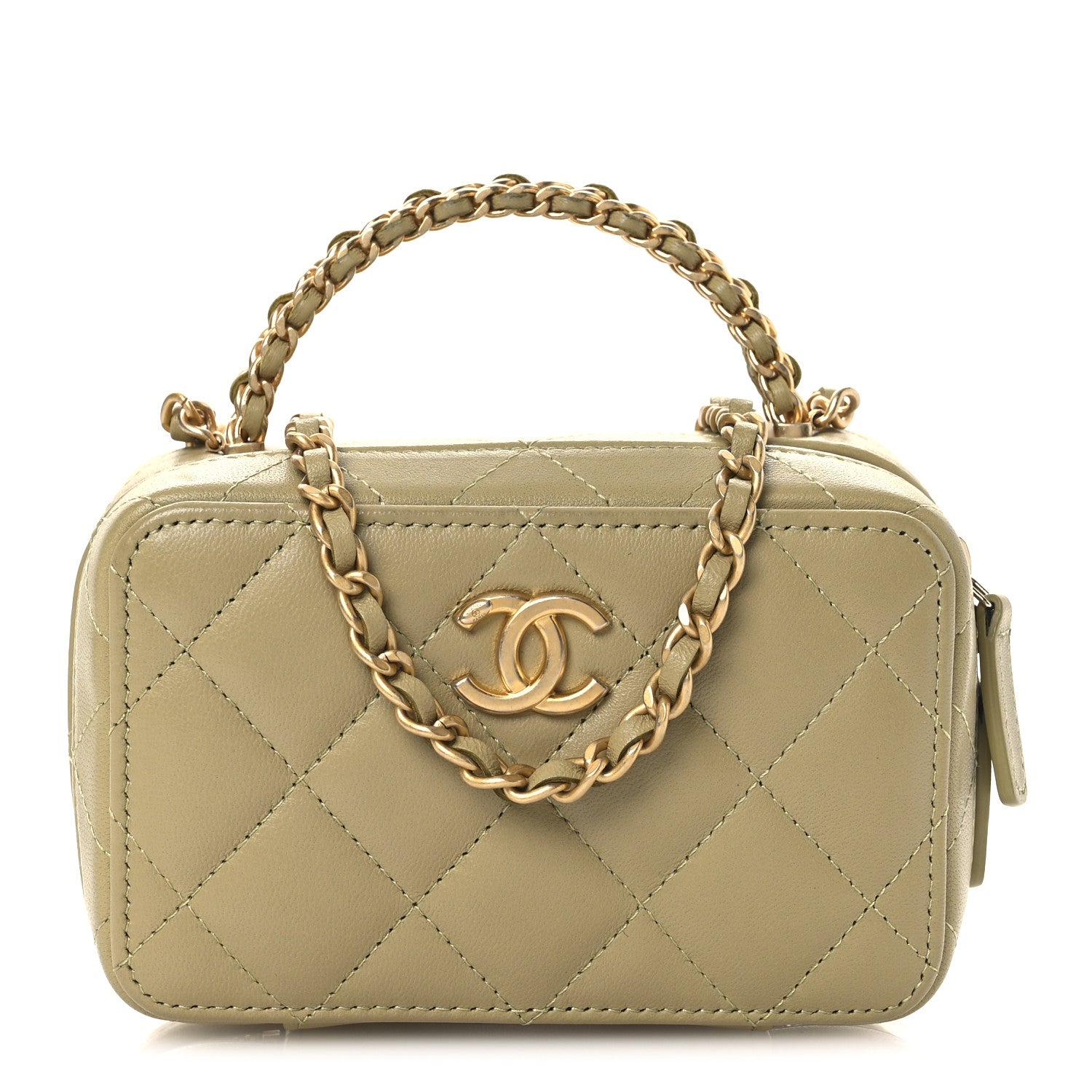 Lambskin Quilted Chain Top Handle Mini Vanity Case Light Green