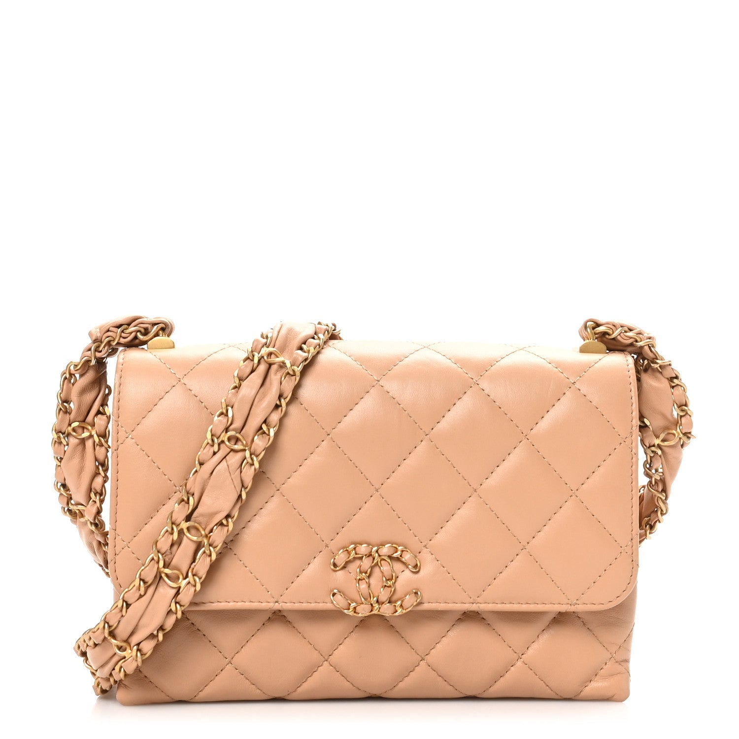 Crumpled Calfskin Quilted Coco First Flap Beige