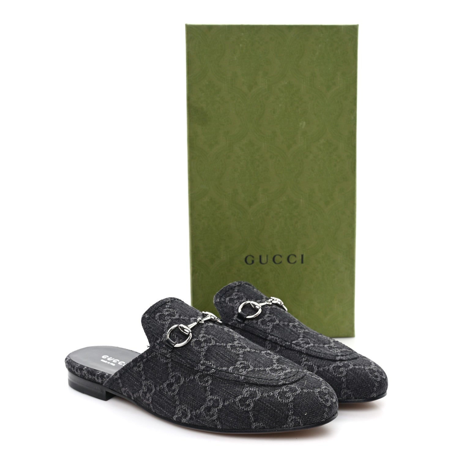 New Denim GG Malaga Kid Womens Princetown Slippers 37.5 Grey Black