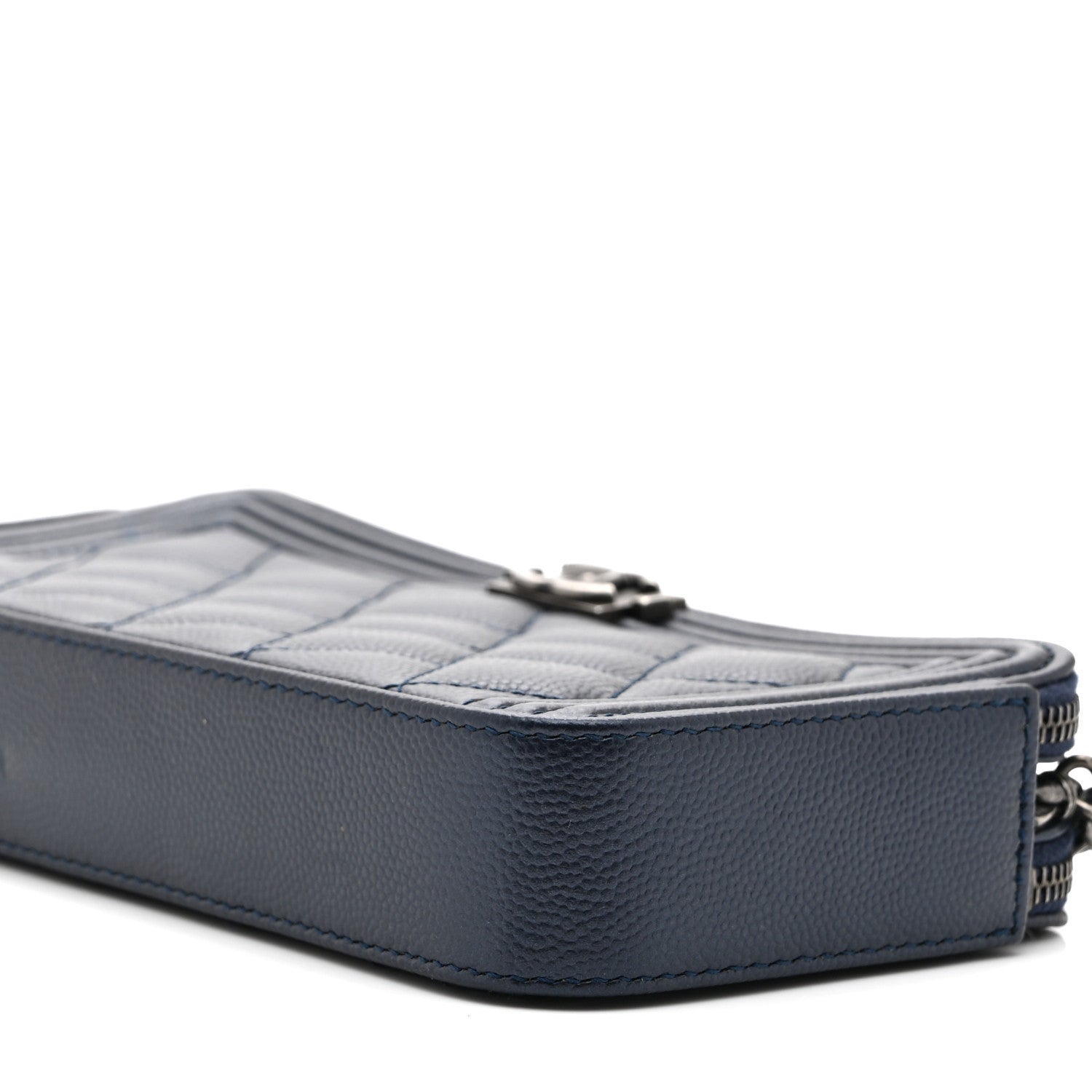 Metallic Caviar Quilted Small Boy Clutch With Chain Navy