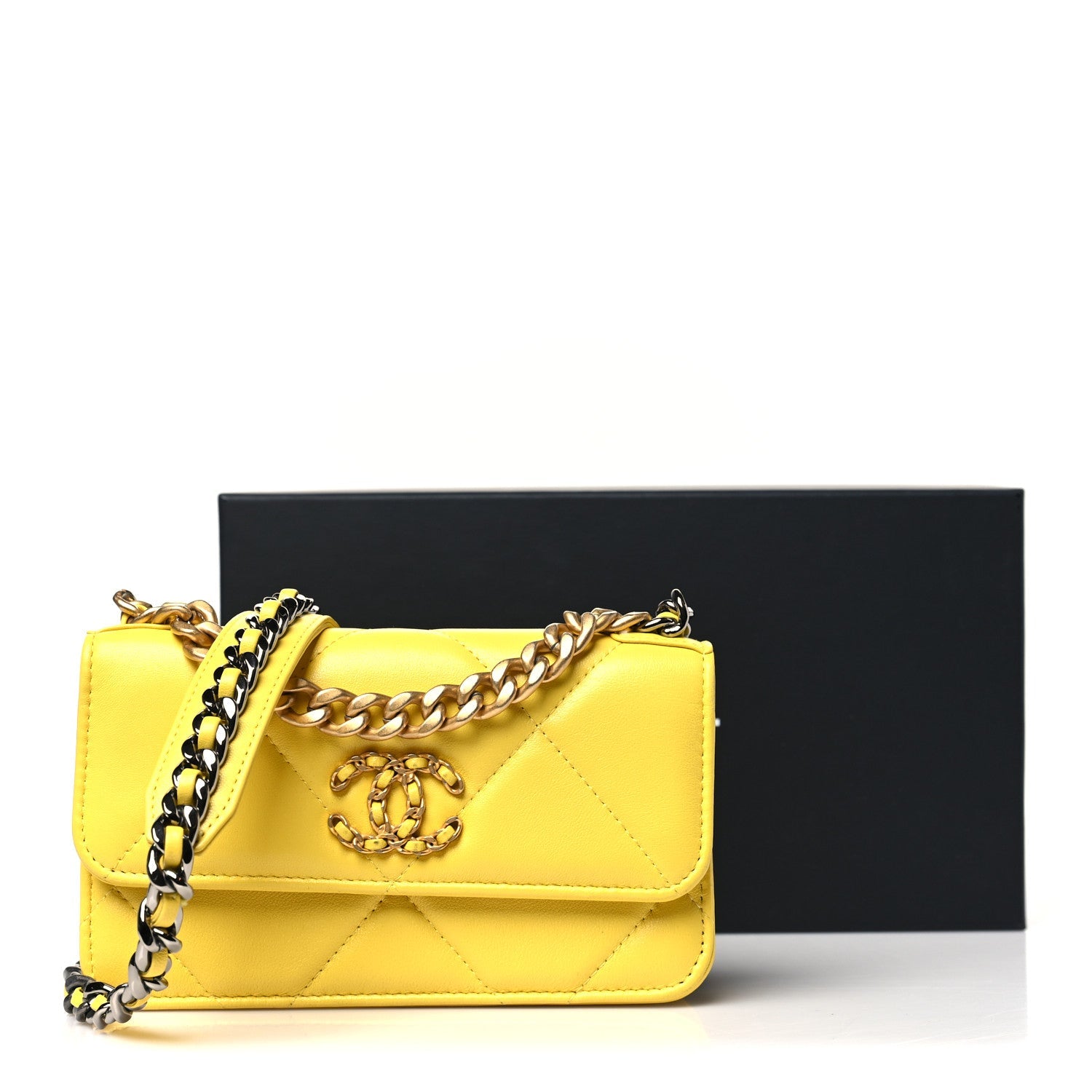 Lambskin Quilted Chanel 19 Flap Phone Holder With Chain Yellow