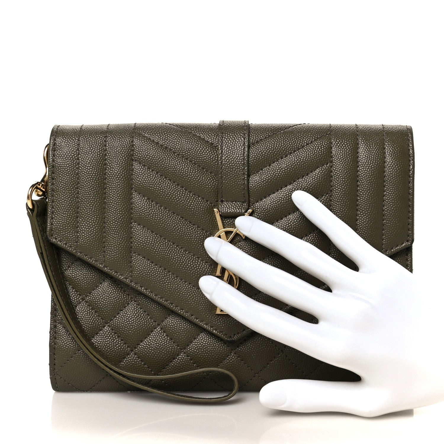 Grain De Poudre Textured Mixed Matelasse Triquilt Monogram Clutch Vert Kaki