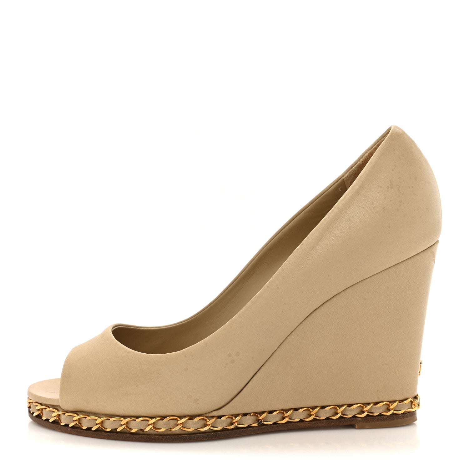 Calfskin Chain Peep Toe Wedge Pumps 39 Beige