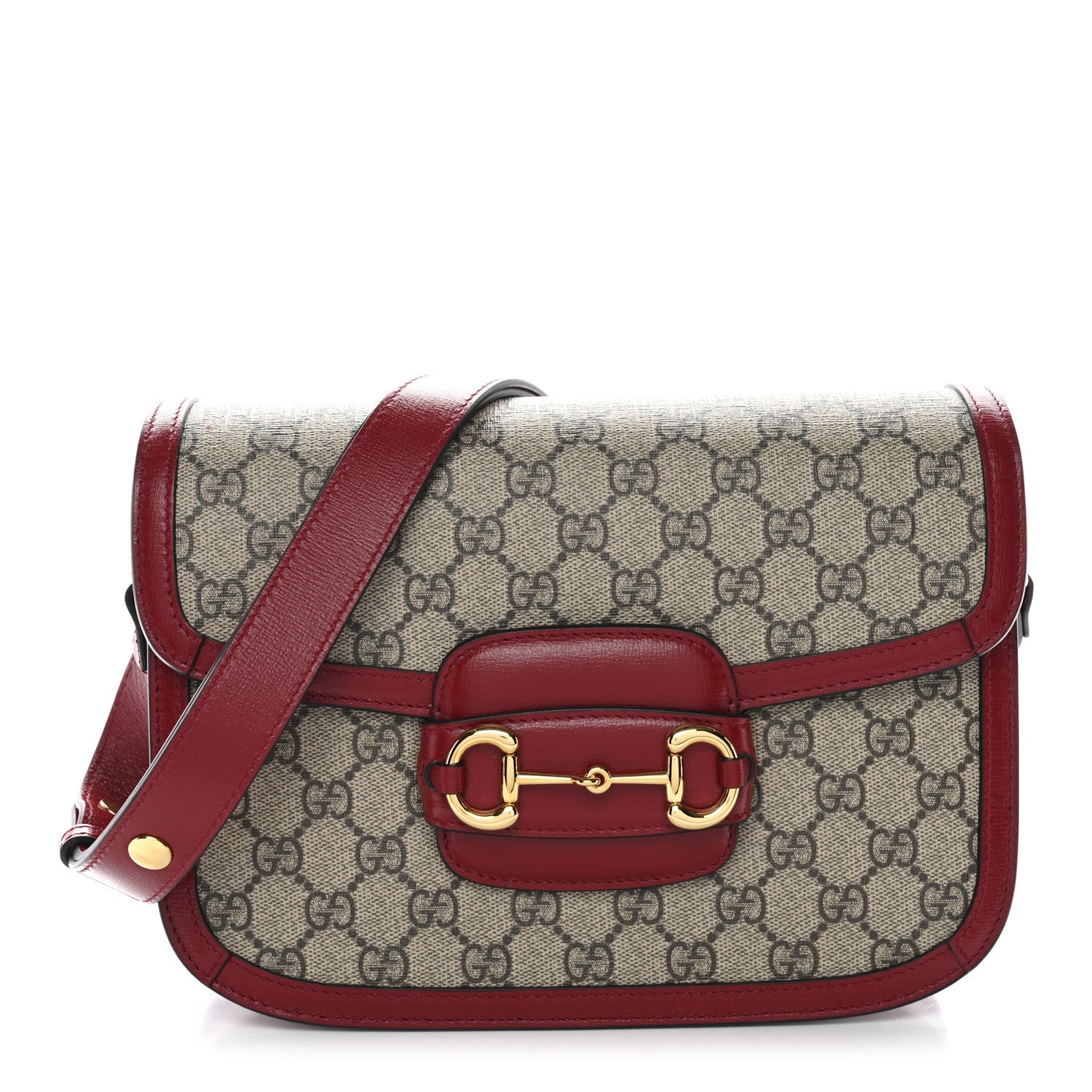 GG Supreme Monogram Azalea Calfskin Horsebit 1955 Shoulder Bag Beige Ebony New Cherry Red