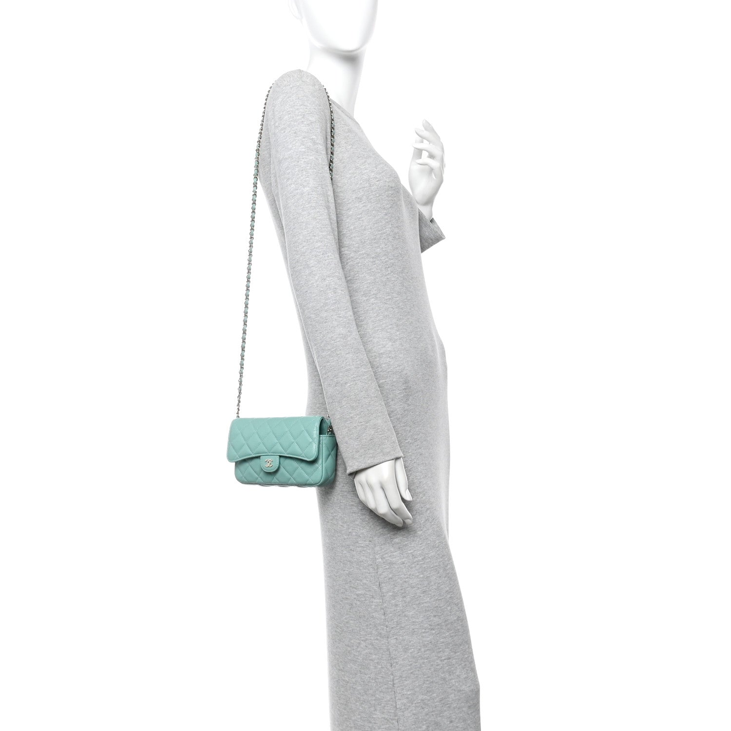 Caviar Quilted Flap Phone Holder With Chain Turquoise