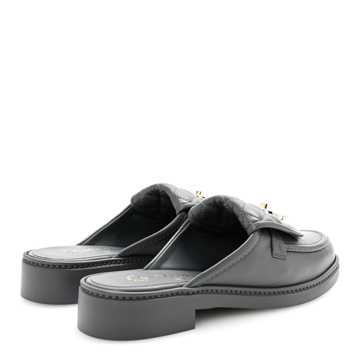 Lambskin Quilted CC Turnlock Mules 37 Dark Gray