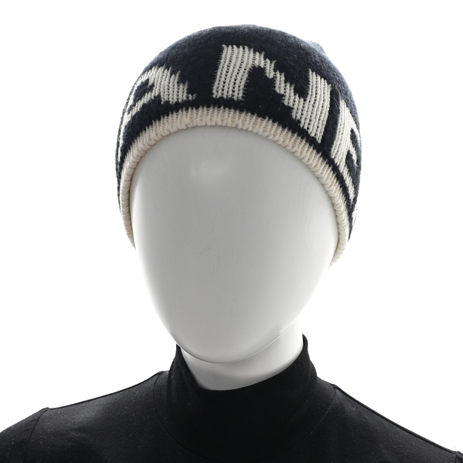 Cashmere Wool Silk Blend Logo Beanie Hat Black White