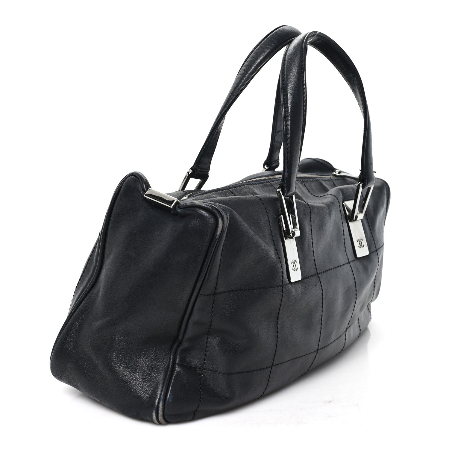 Lambskin Square Stitched Large Tote  Black