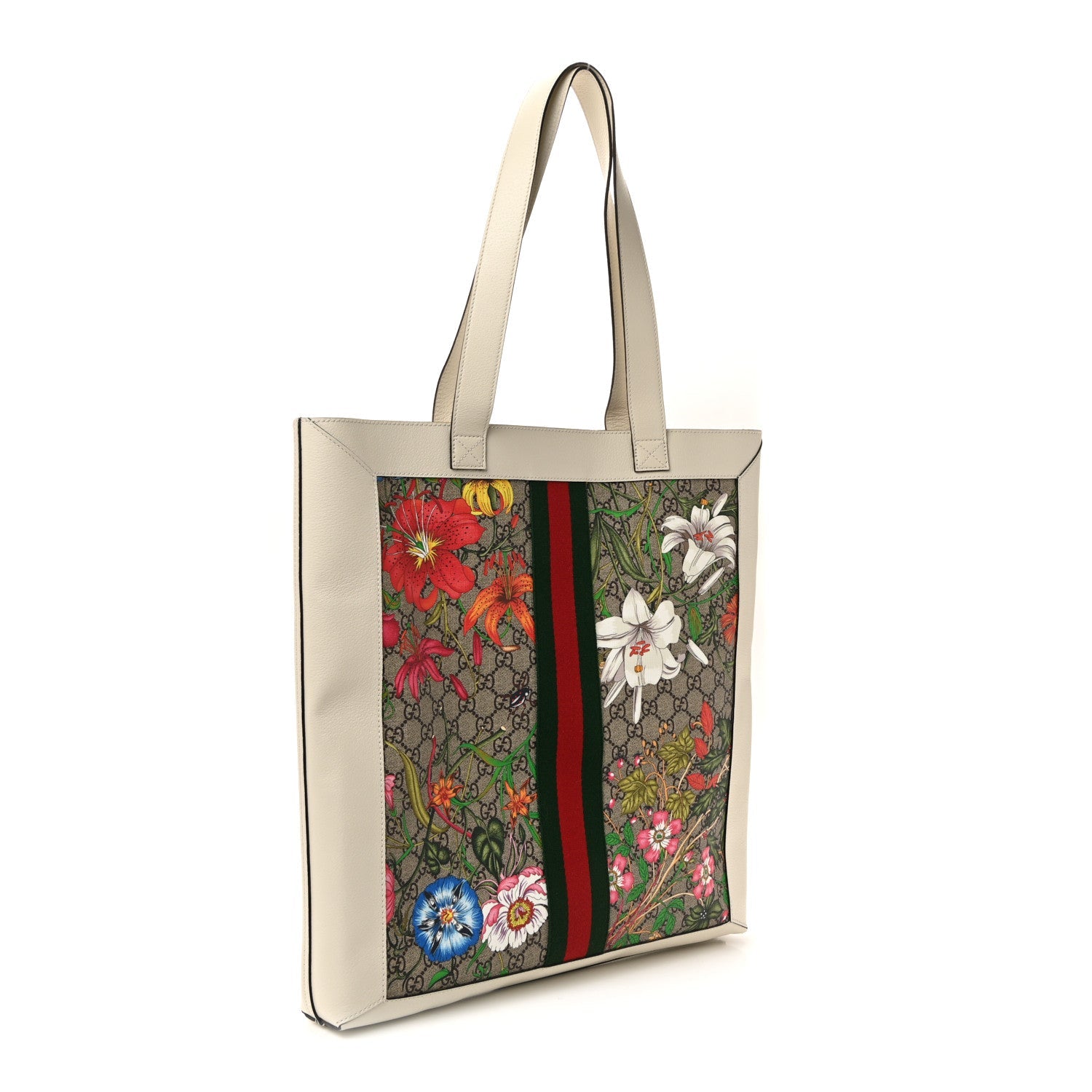 GG Supreme Monogram Flora Web Ophidia Vertical Shopping Tote White