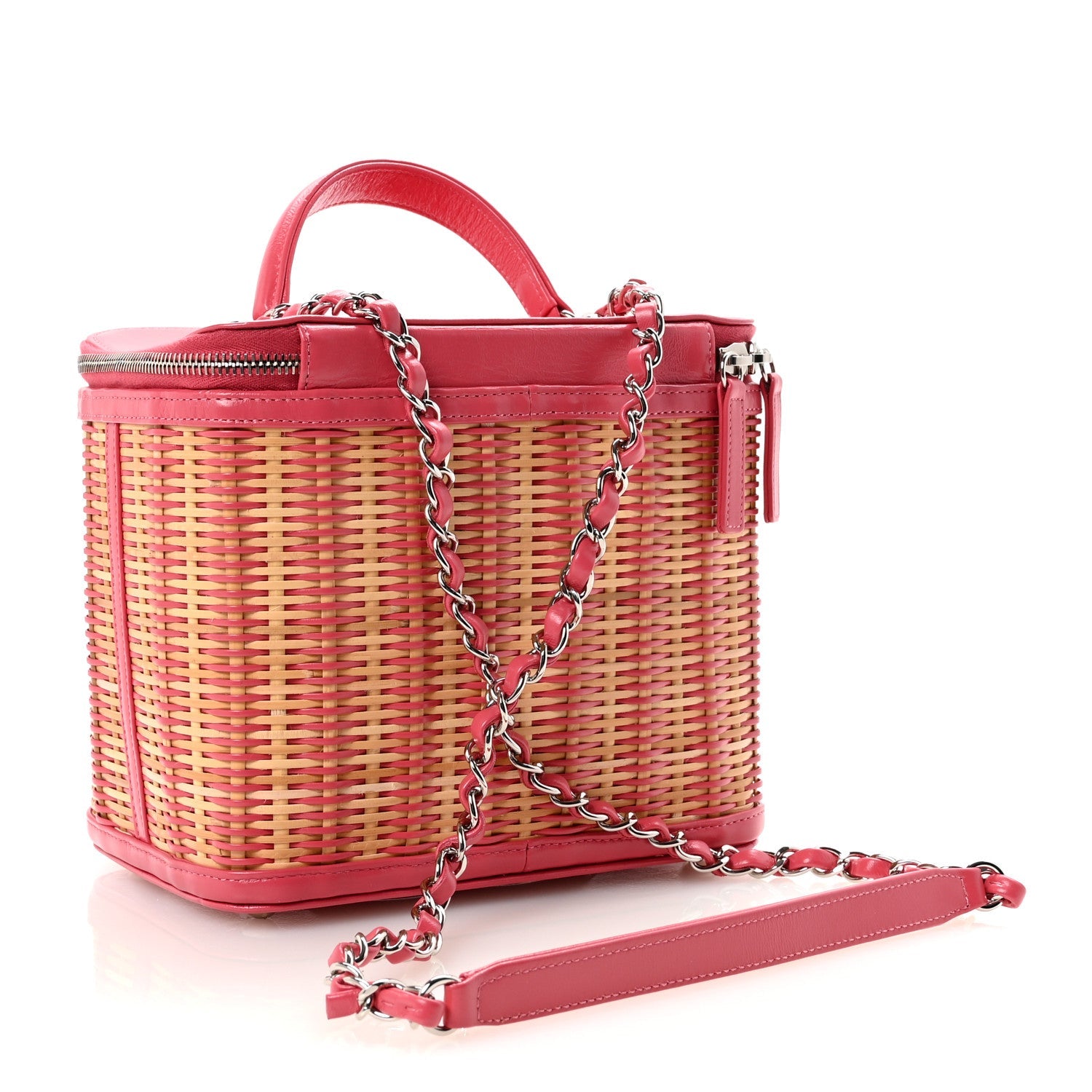 Glazed Calfskin Raffia Vanity Case Bag Pink