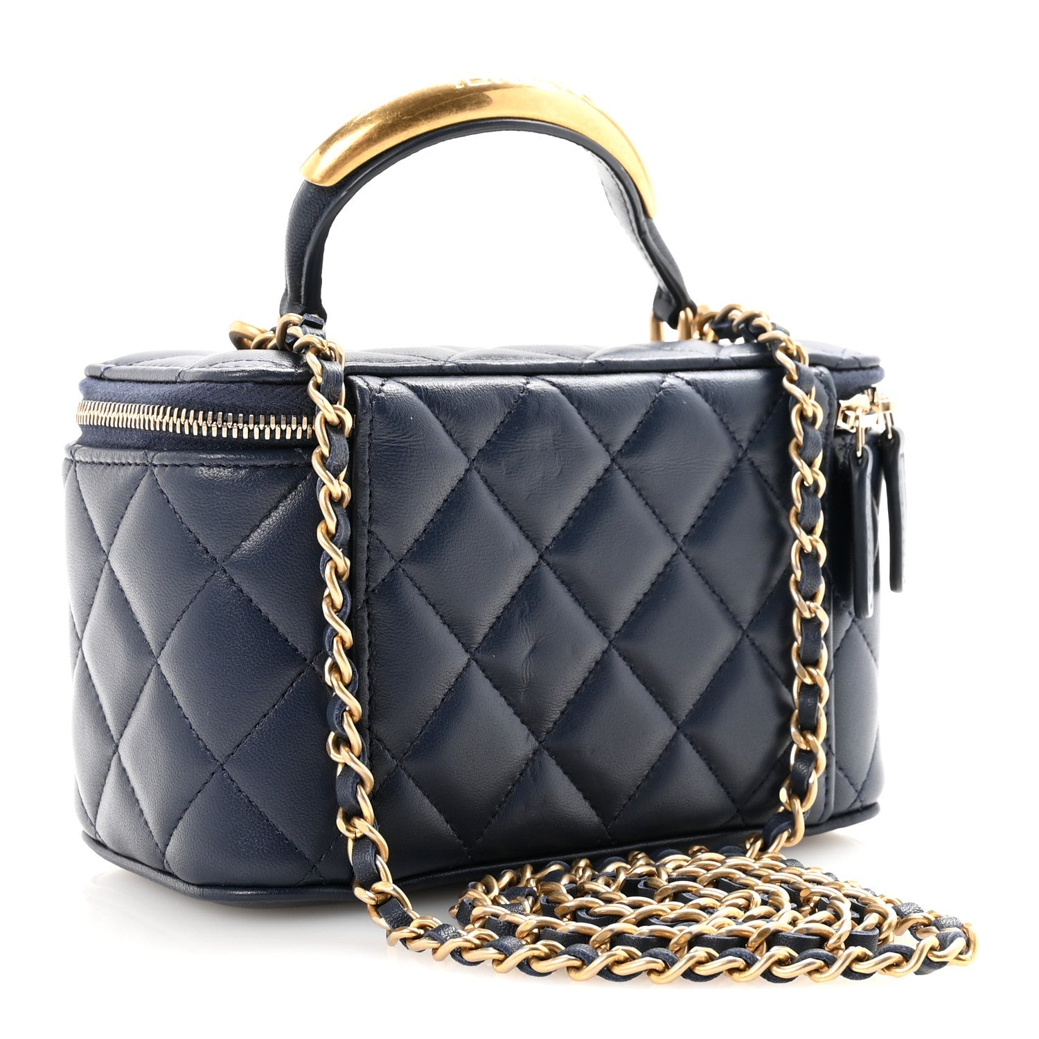 Lambskin Quilted Metal Small Top Handle Vanity Case With Chain Blue