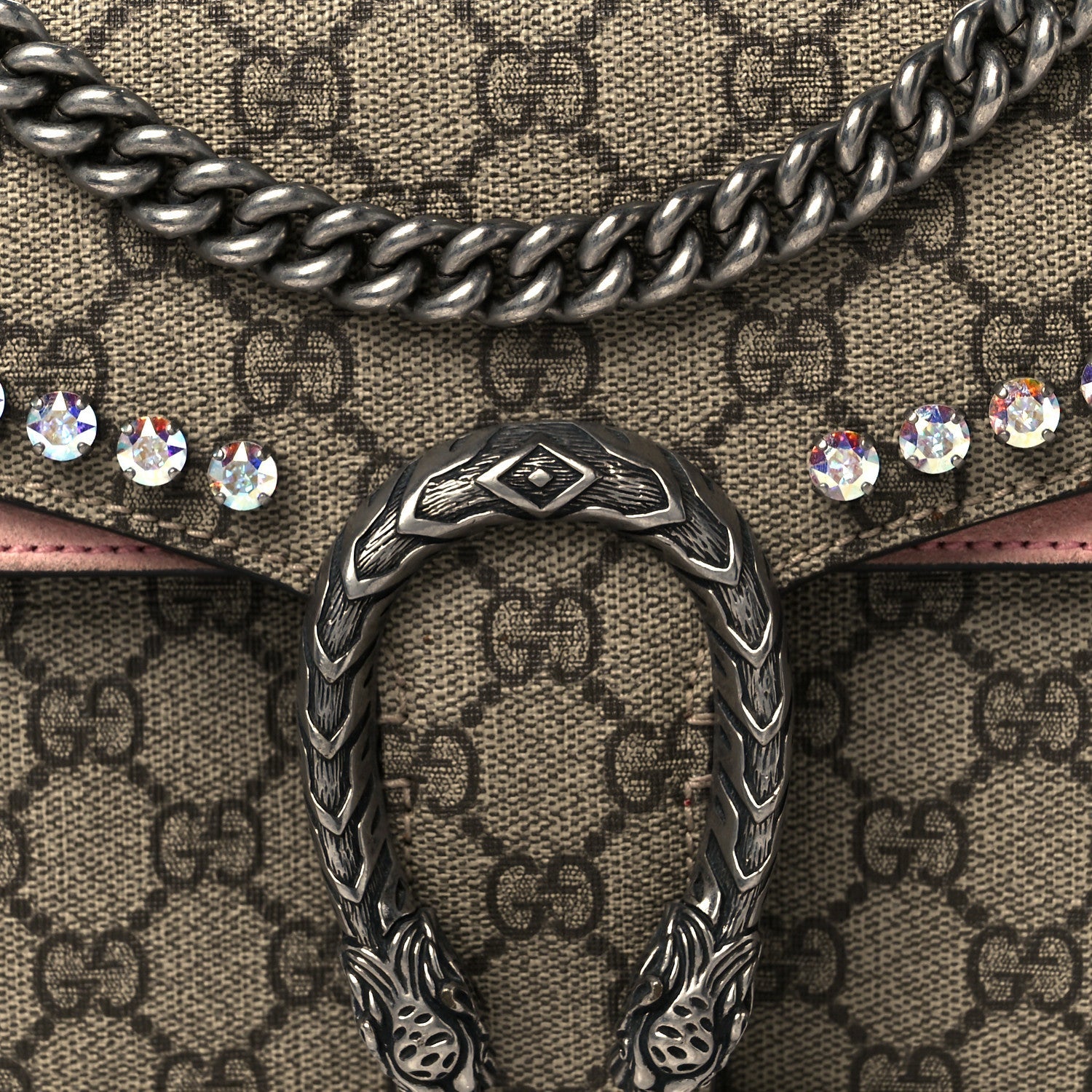 GG Supreme Monogram Suede Crystal Small Dionysus Shoulder Bag Beige Ebony Light Peonia