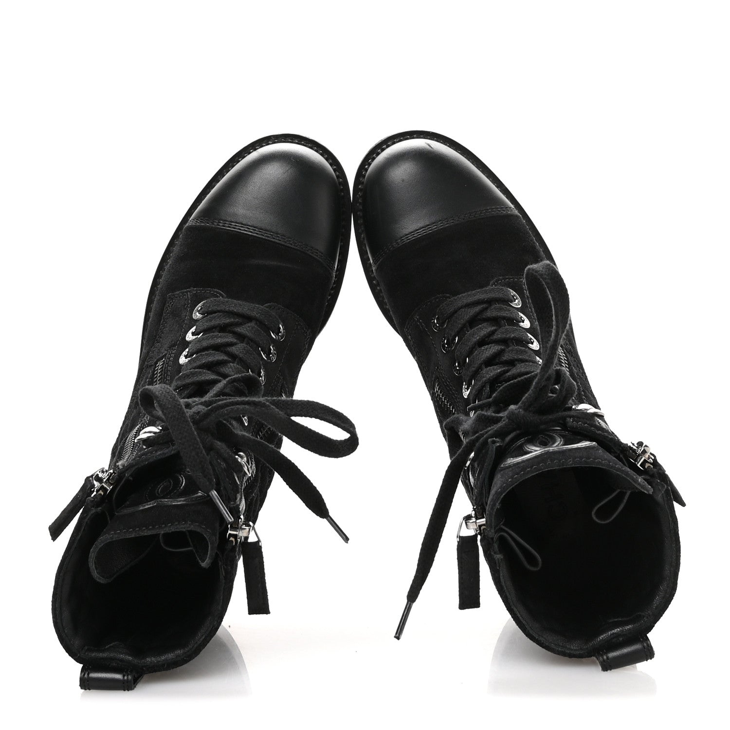 Suede Calfskin Quilted Lace Up Combat Boots 37 Black