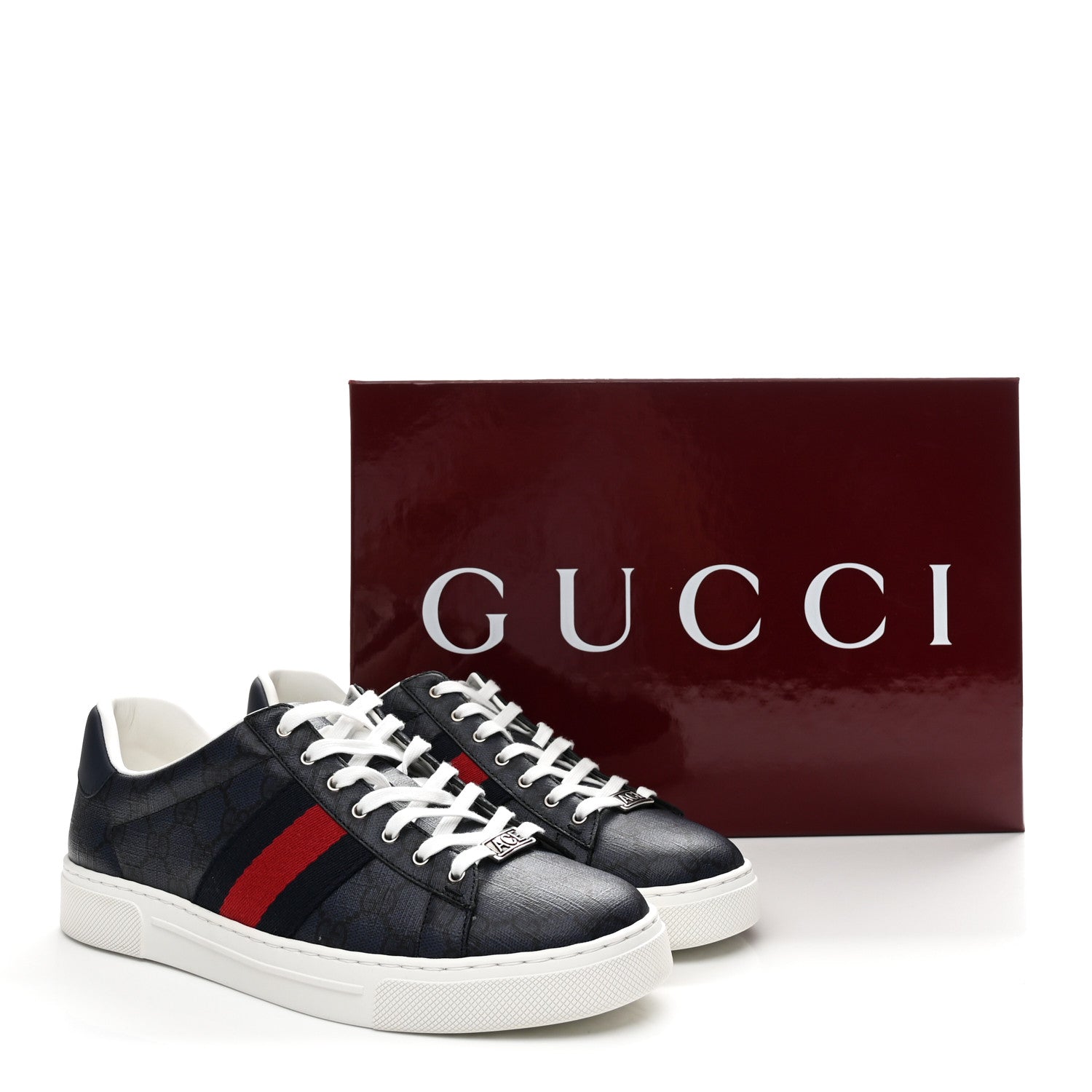 GG Supreme Monogram Ayers Web Mens New Ace Sneakers 8 Dark Blue
