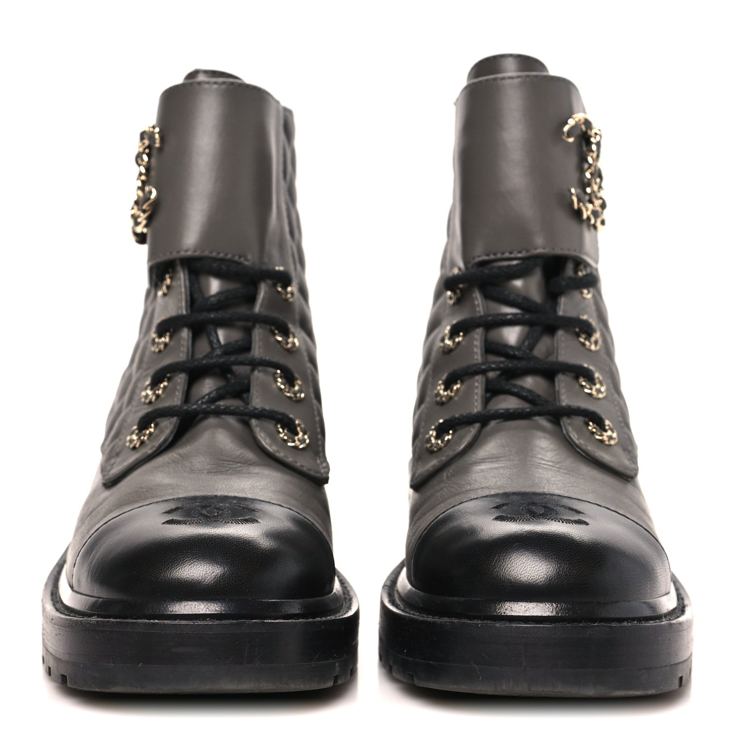 Shiny Lambskin Quilted Lace Up Combat Boots 39.5 Grey Black