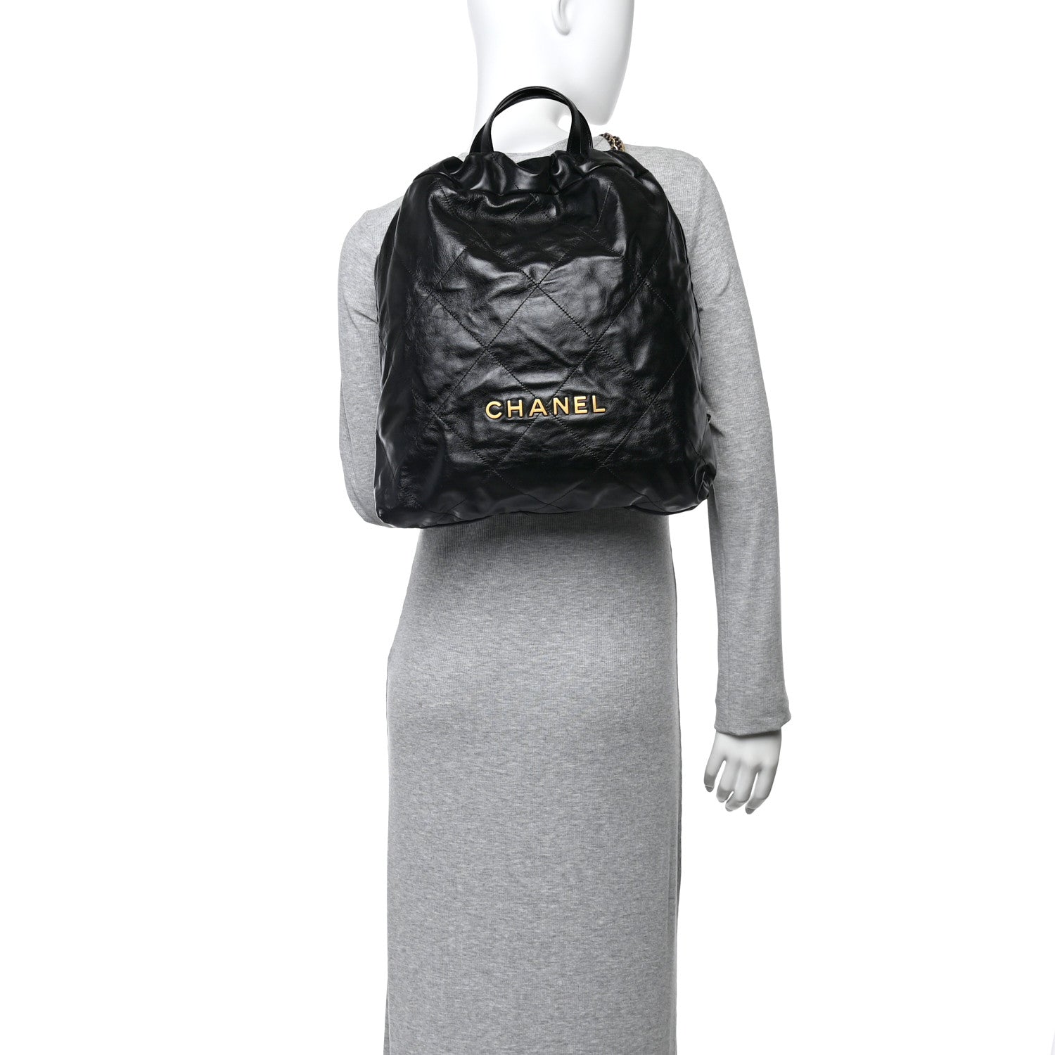 Shiny Calfskin Quilted Chanel 22 Backpack Black