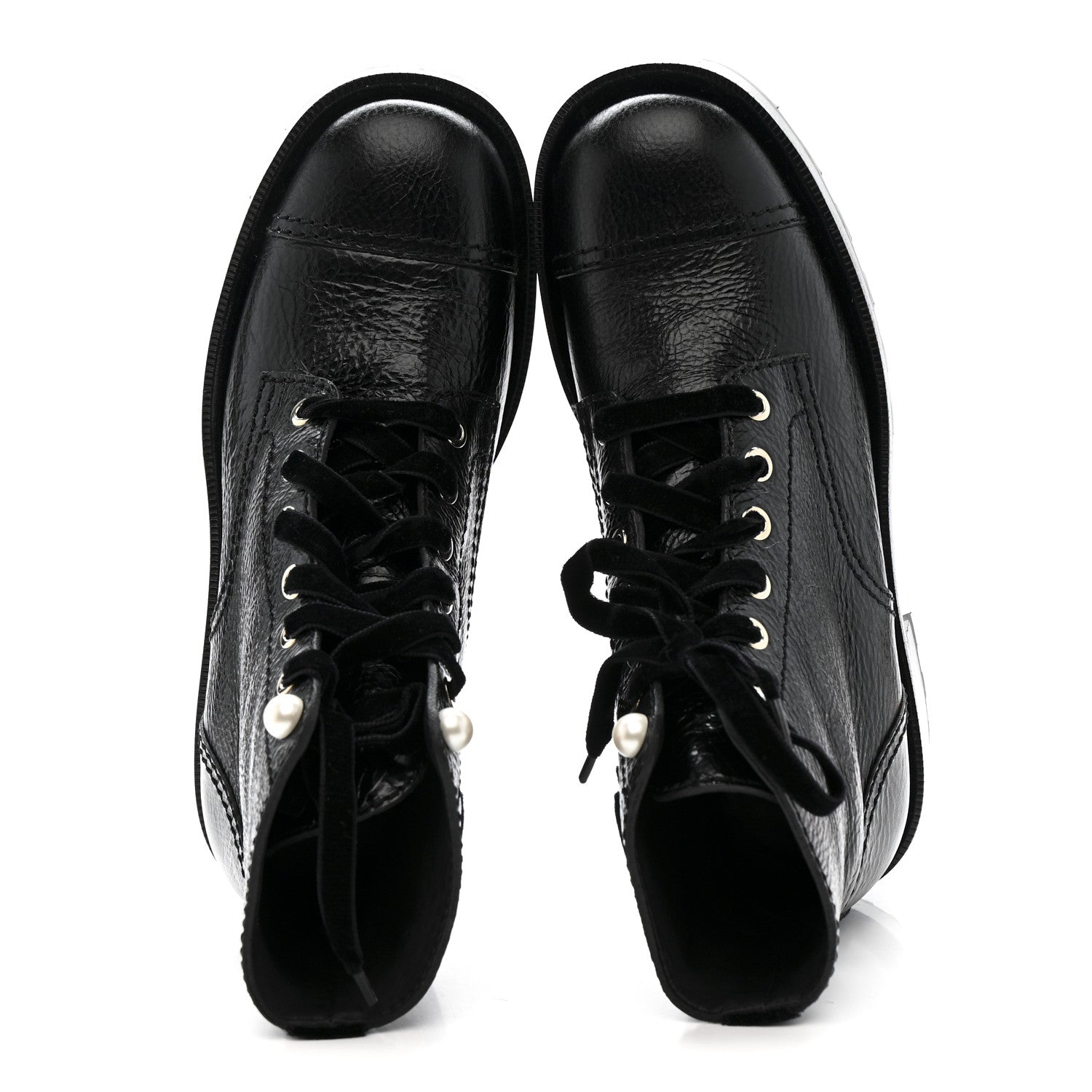 Shiny Calfskin Velvet Pearl Combat Short Boots 38 Black