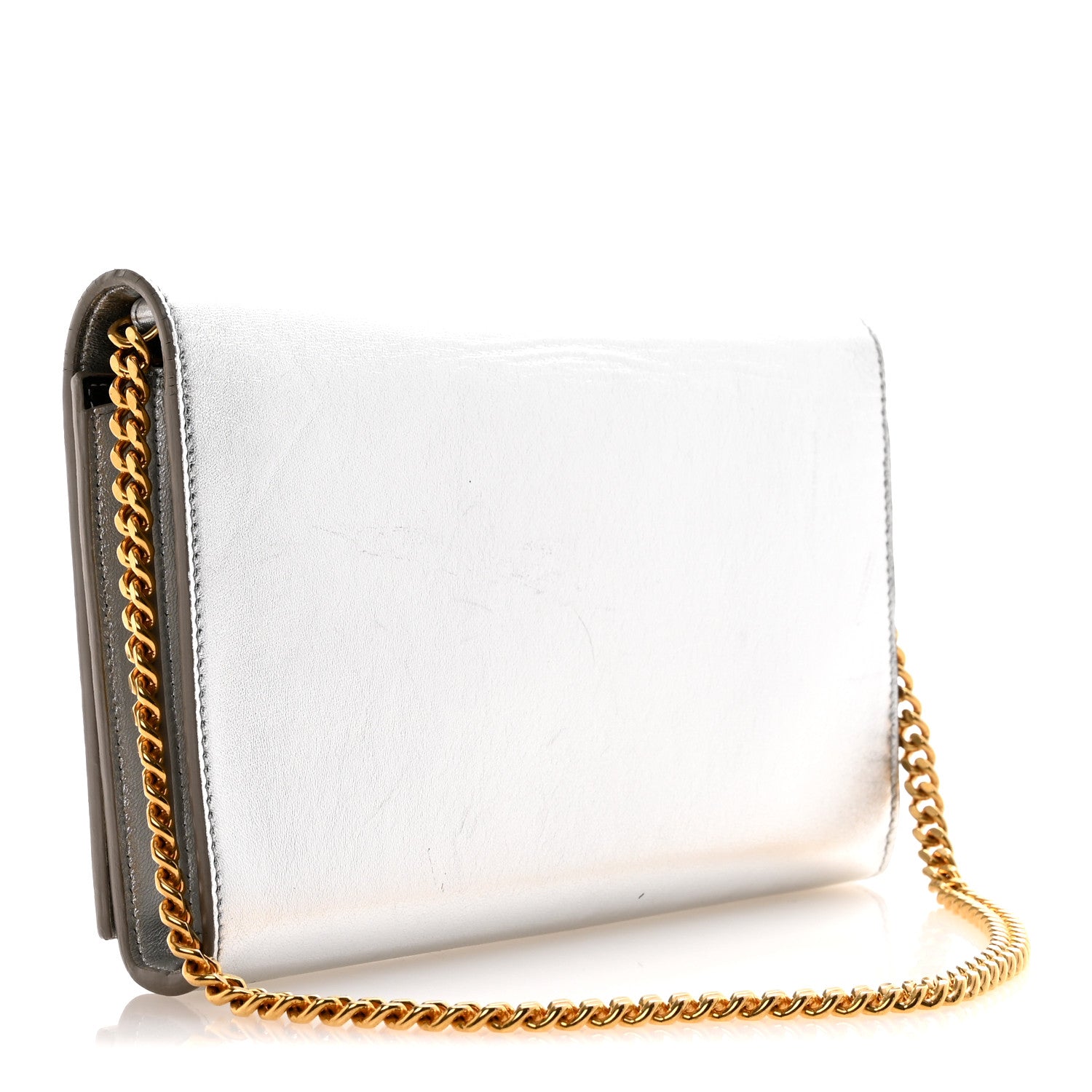 Metallic Grained Calfskin Classic Letters Chain Wallet Argento