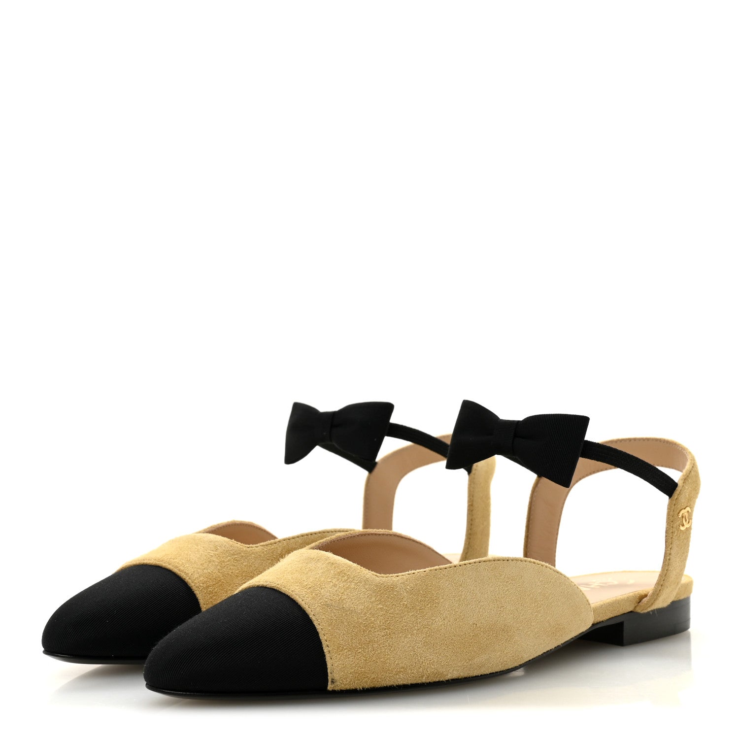 Suede Grosgrain Bow Cap Toe CC Slingback Flats 38 Beige Black