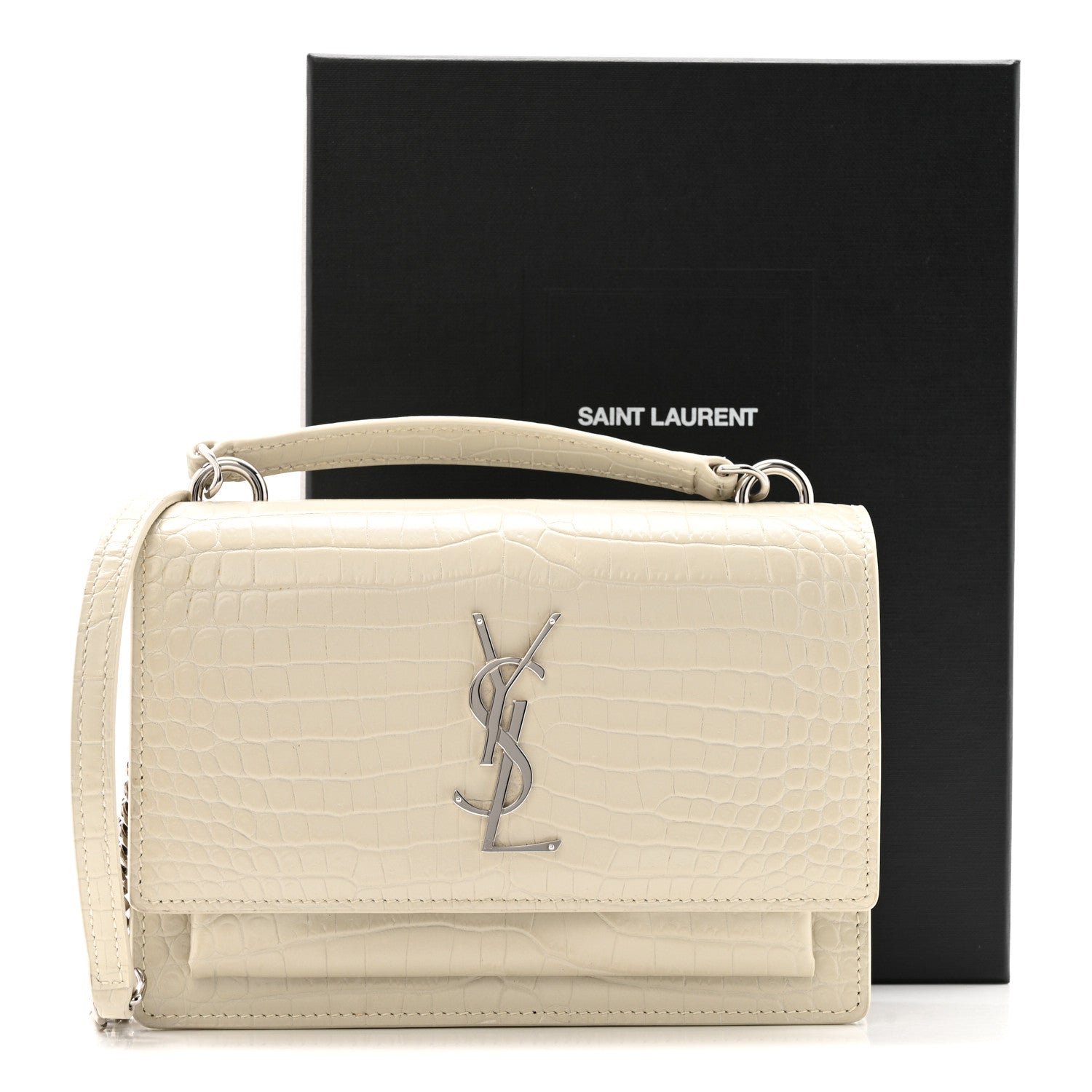 Calfskin Crocodile Embossed Monogram Sunset Chain Wallet Blanc Vintage