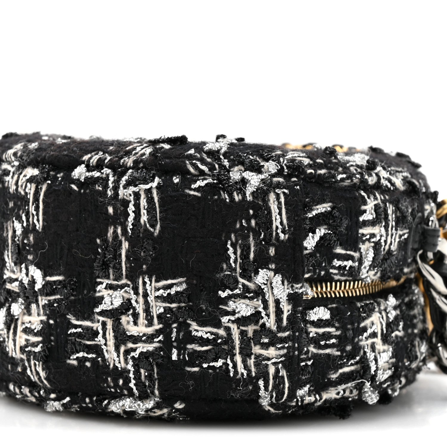 Tweed Quilted 19 Round Clutch With Chain Black White