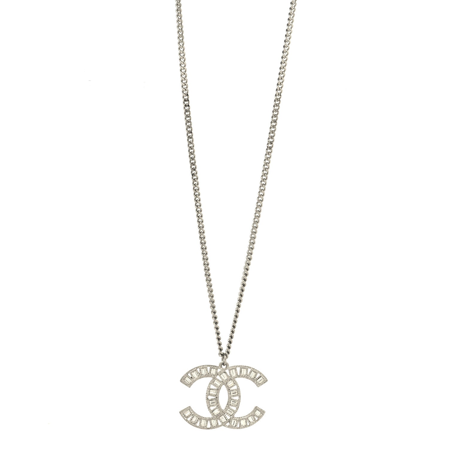 Metal Crystal CC Long Chain Necklace Silver