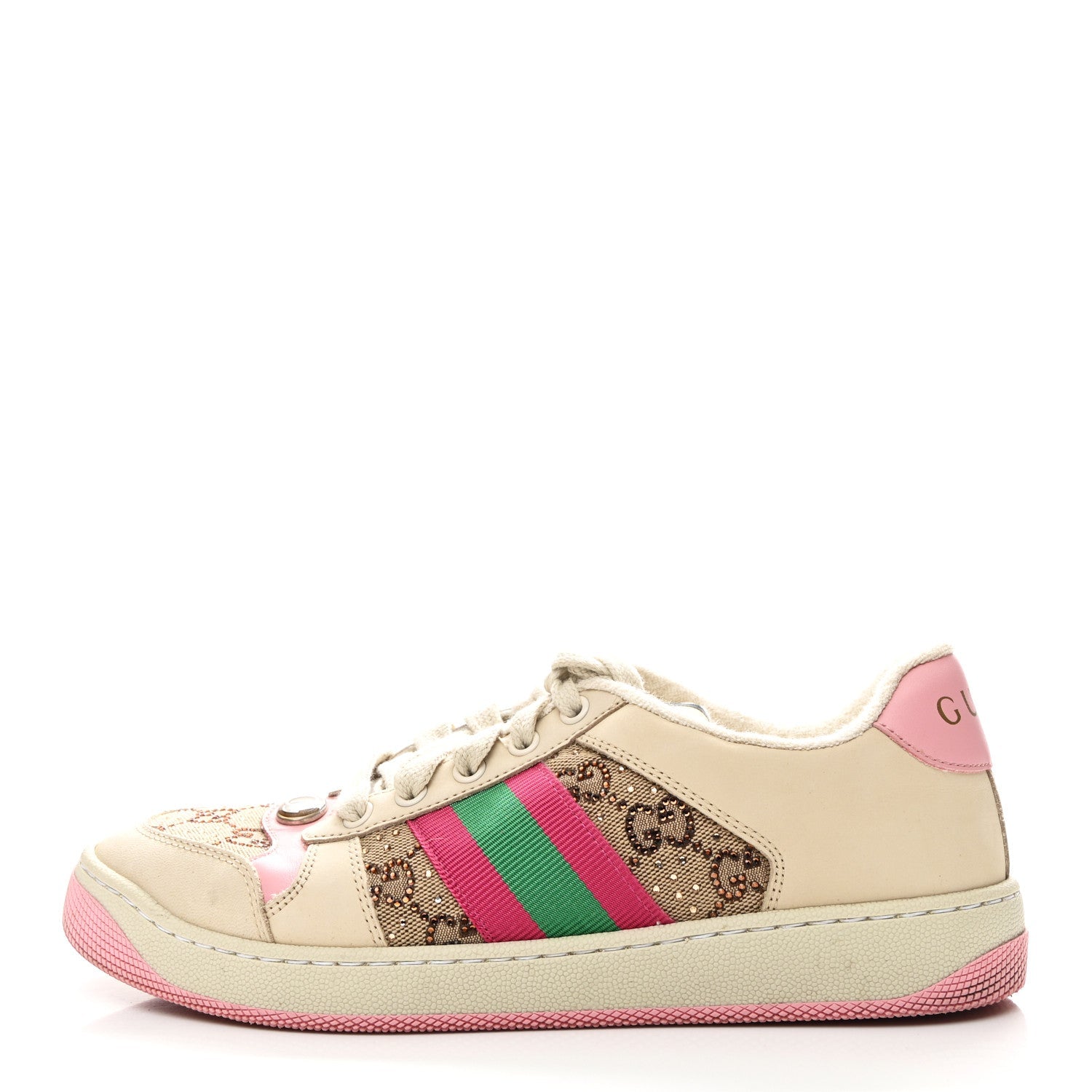 Calfskin GG Supreme Crystals Web Screener Sneakers 38 Camel Ebony Wild Rose