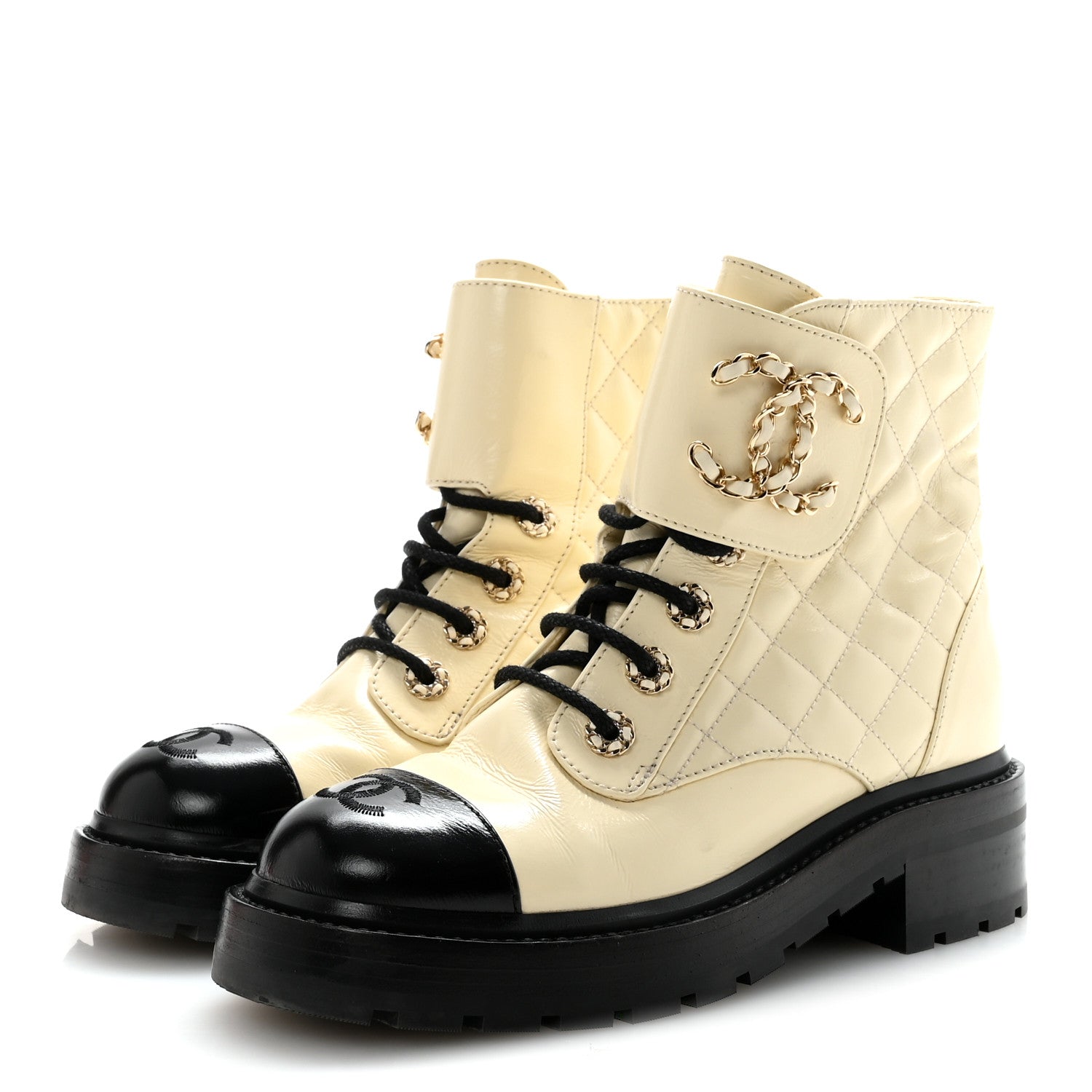 Shiny Goatskin Calfskin Quilted Lace Up Combat Boots 36 Ivory Black