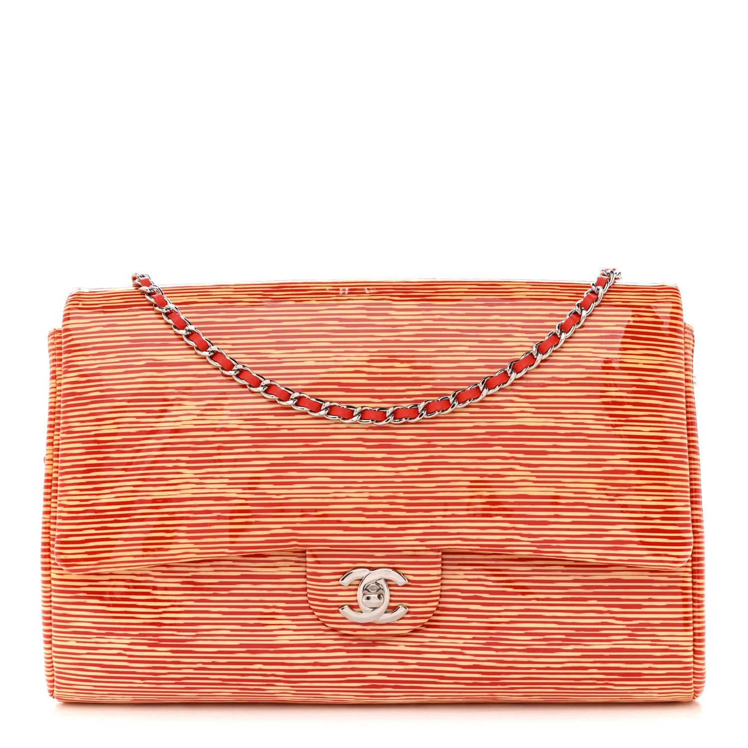 Patent Calfskin Striped Clutch With Chain Flap Red
