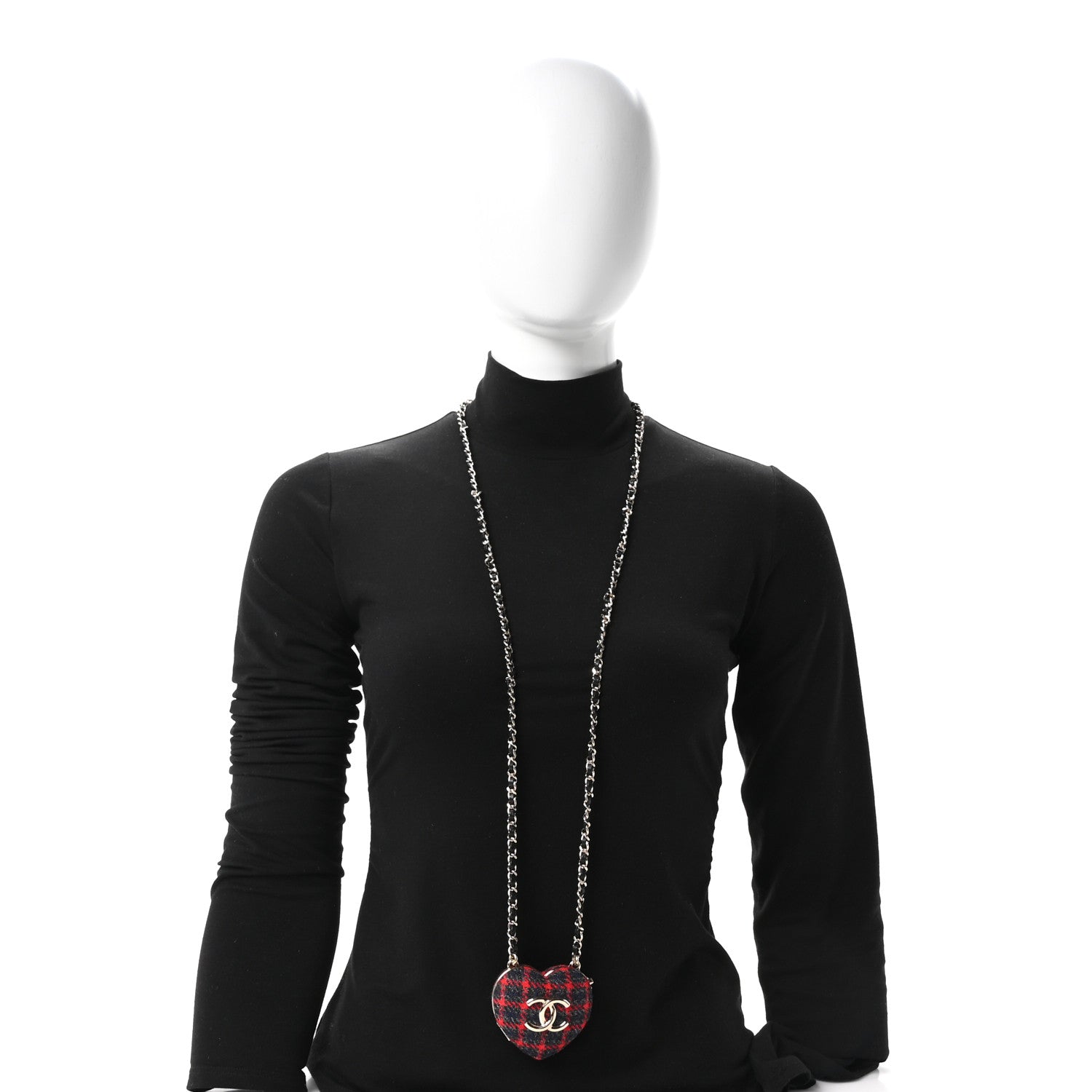 Tweed Lambskin CC Heart Locket Necklace Gold Grey Red Black