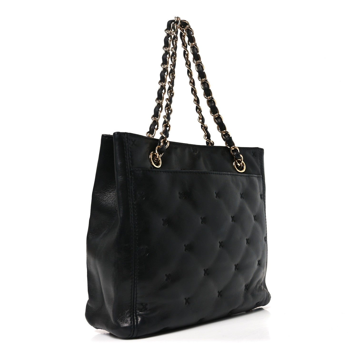 Lambskin Cross Stitch Shopper Tote Black