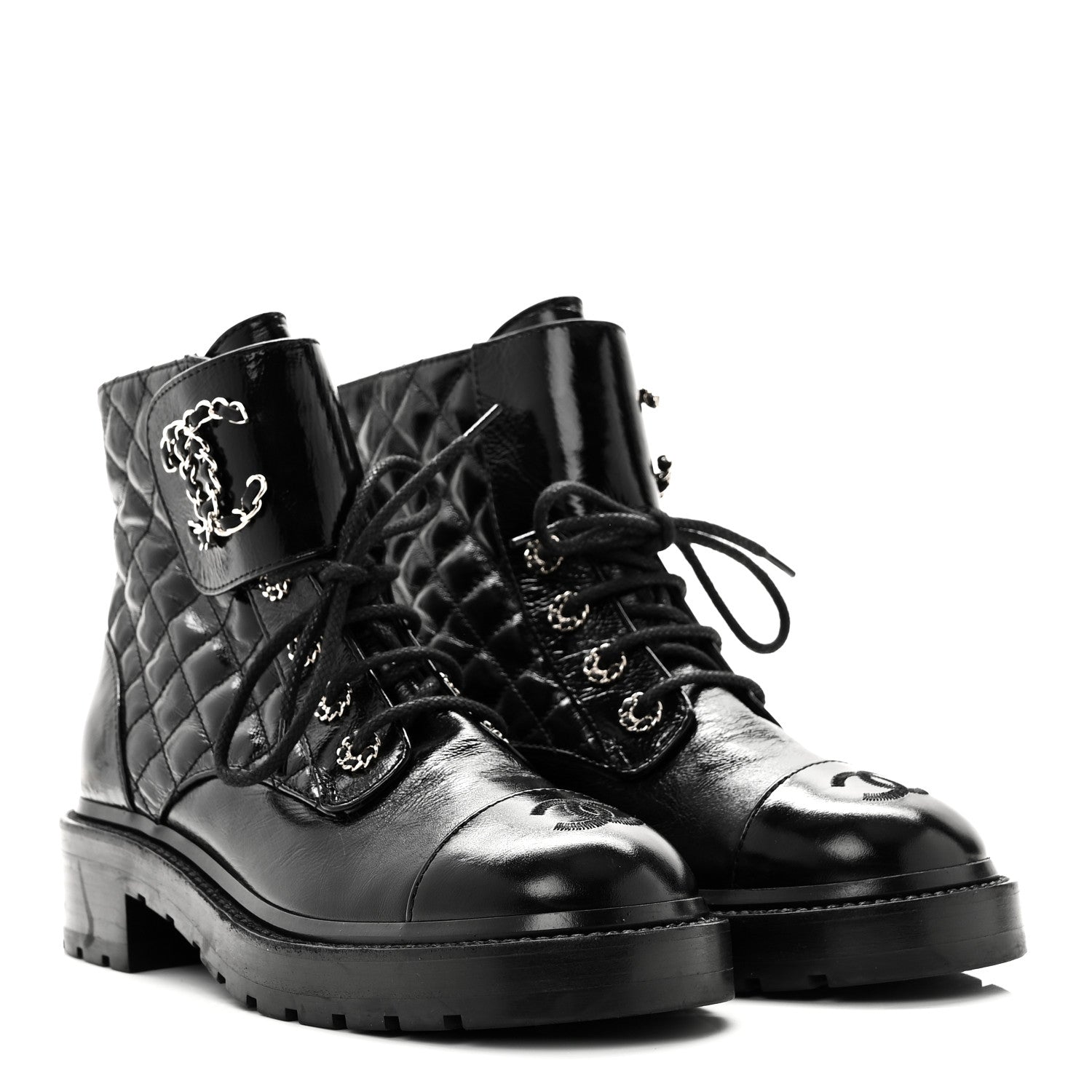 Shiny Lambskin Quilted Lace Up Combat Boots 38.5 Black