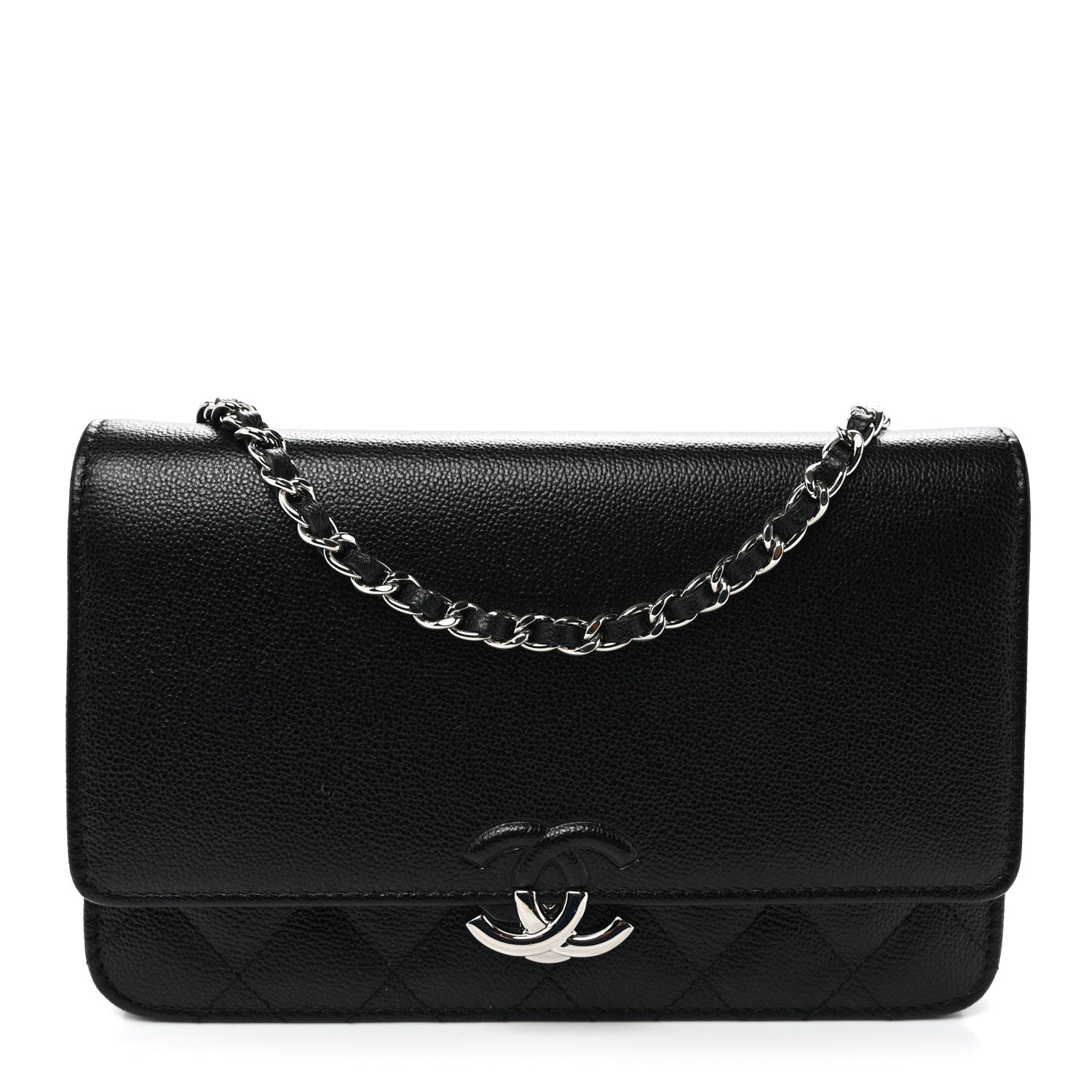 Grained Calfskin Quilted CC Box Wallet On Chain WOC Black