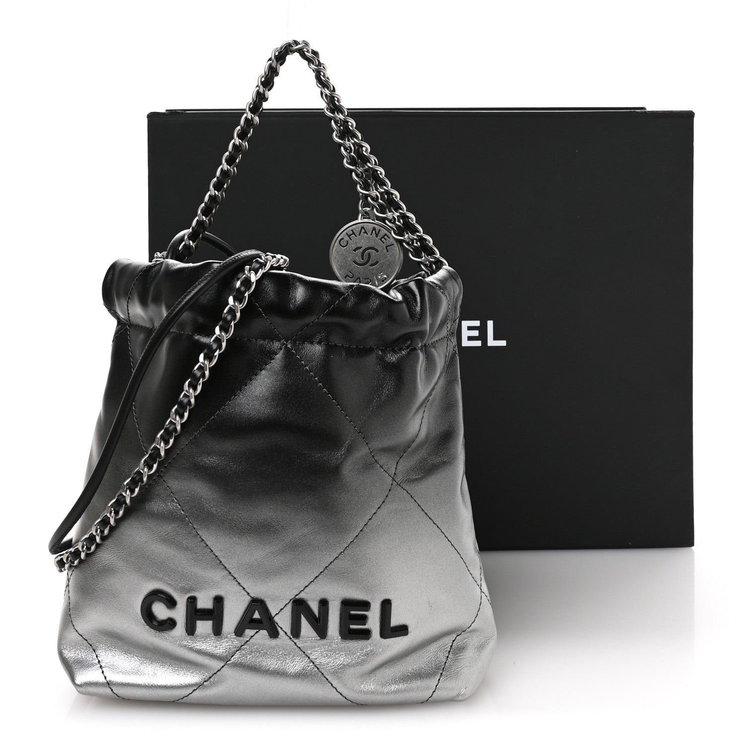 Metallic Shaded Calfskin Quilted Mini Chanel 22 Black Silver