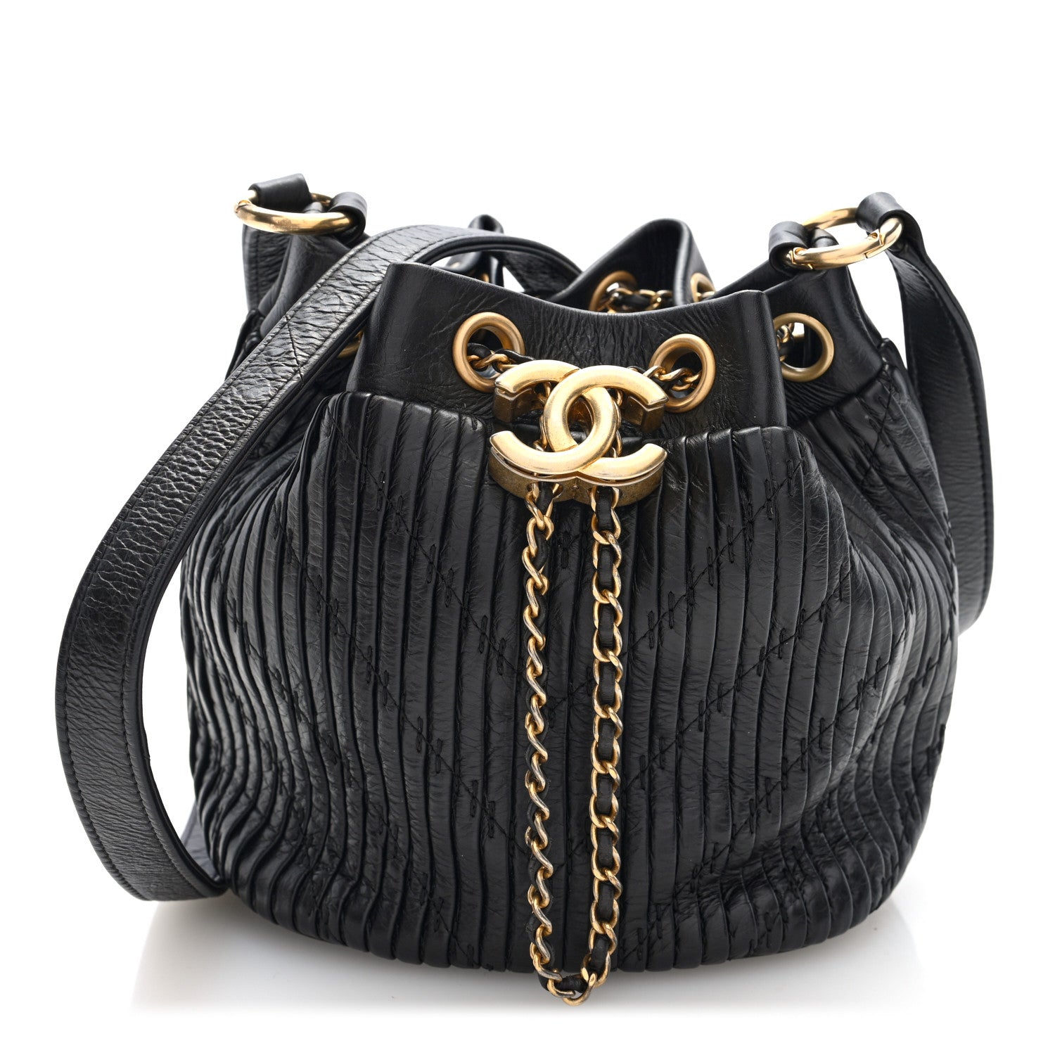 Crumpled Calfskin Coco Pleats Small Drawstring Bag Black