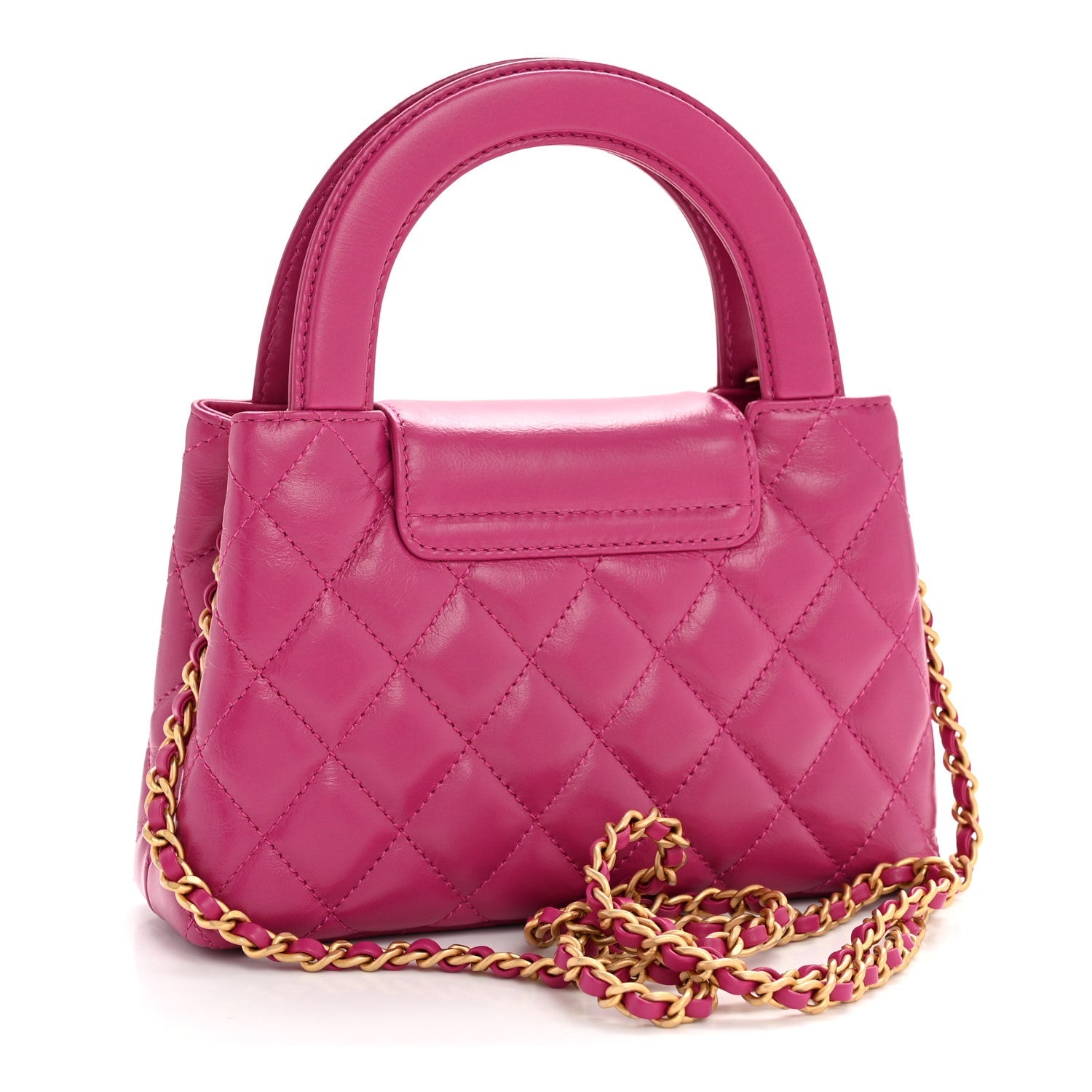 Shiny Aged Calfskin Quilted Nano Kelly Shopper Dark Pink