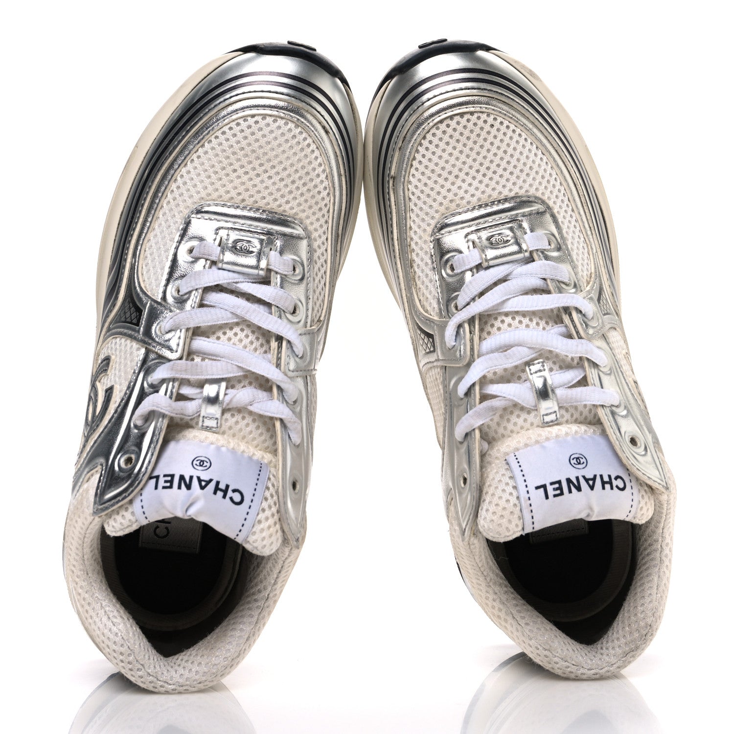 Fabric Laminated Calfskin Stretch CC Sneakers 37 White Silver