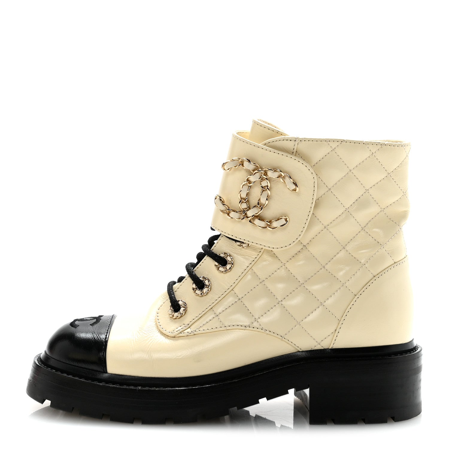 Shiny Goatskin Calfskin Quilted Lace Up Combat Boots 36 Ivory Black
