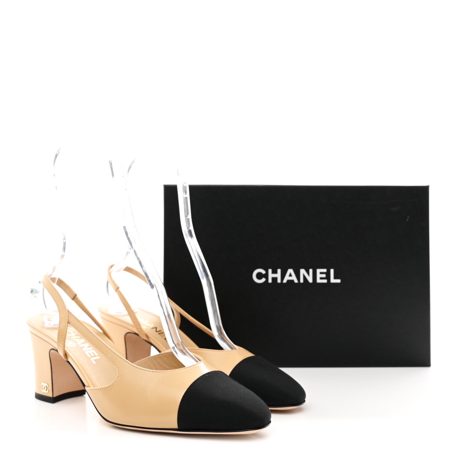 Goatskin Grosgrain Cap Toe CC Slingback Pumps 40 Beige Black