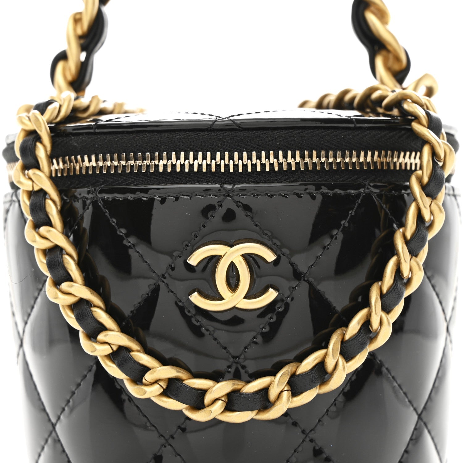 Patent Quilted Afternoon Tea Top Handle Vanity Case With Chain Black