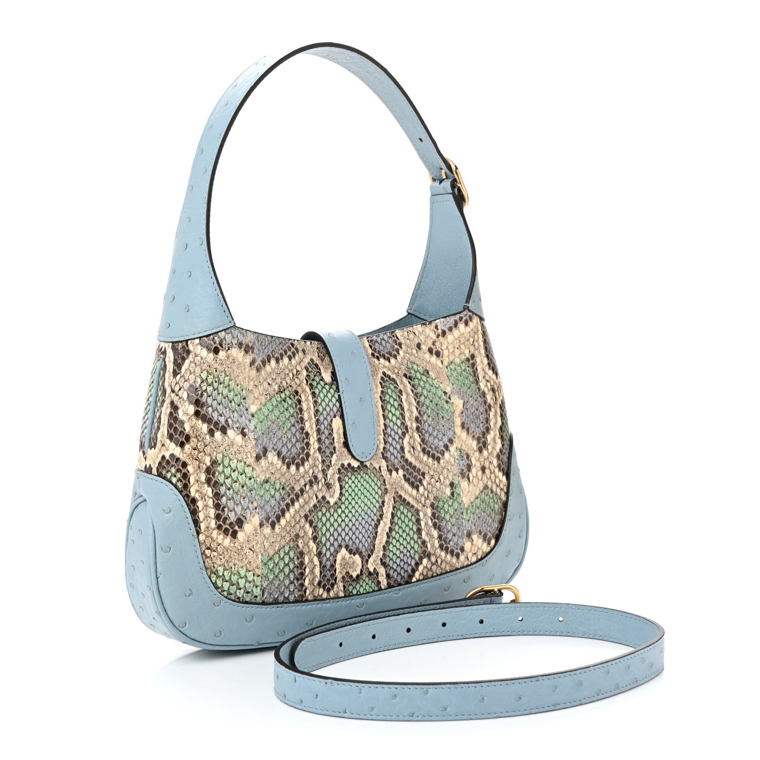 Snakeskin Ostrich Calfskin Small Jackie 1961 Hobo Blue Multicolor