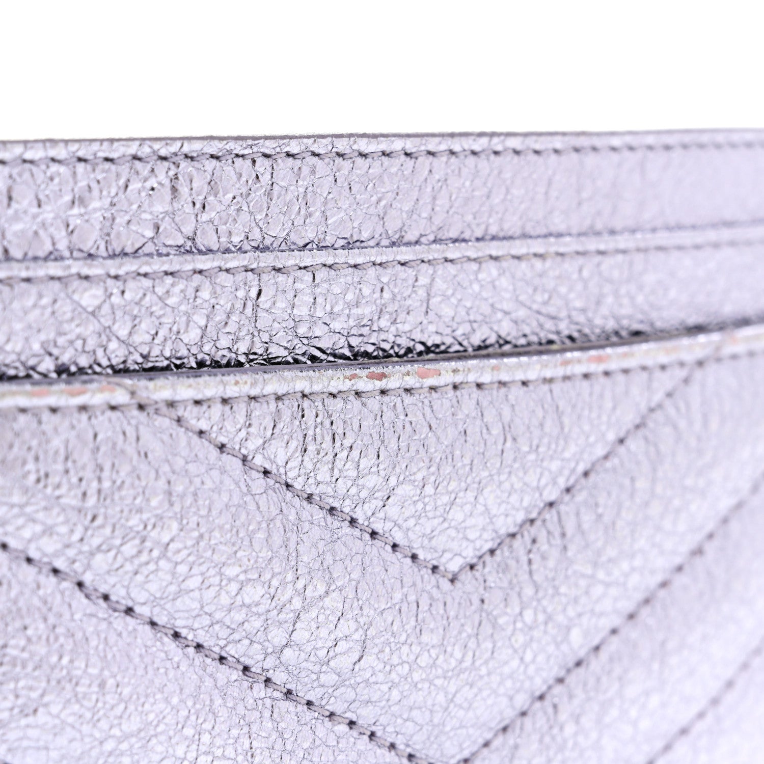 Metallic Crackled Calfskin Matelasse Chevron Monogram Credit Card Case Silver