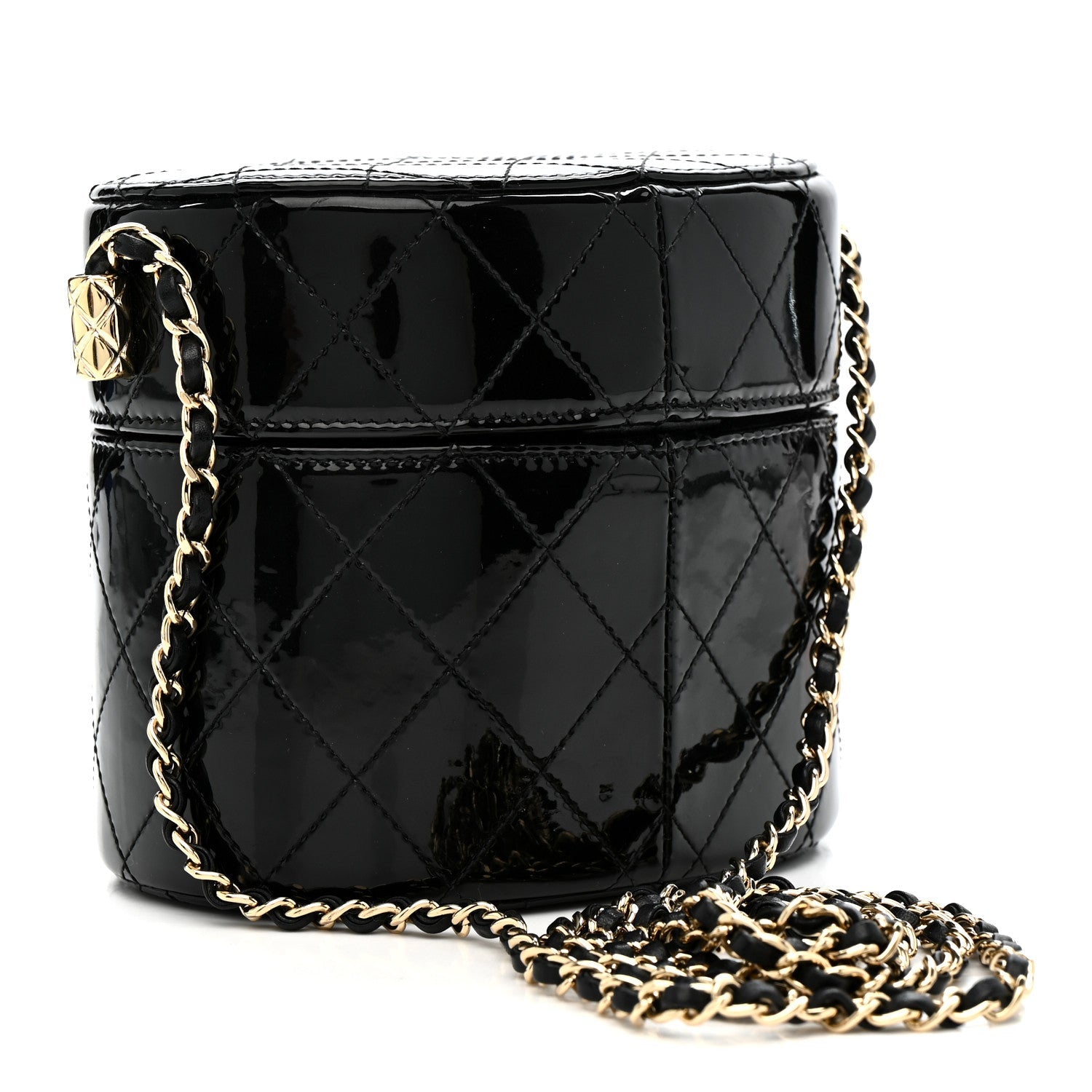 Patent Quilted Round Clutch With Chain Black