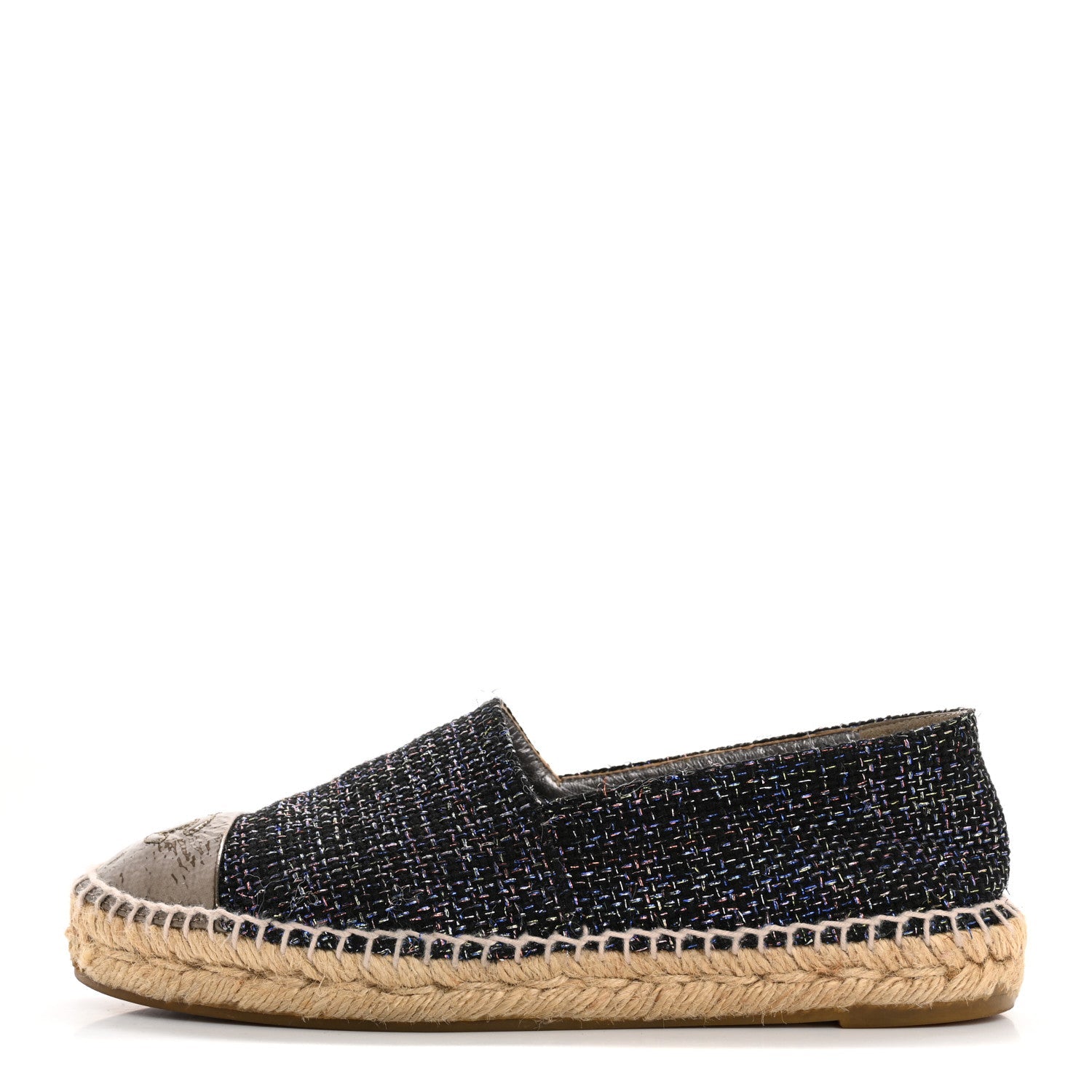Metallic Tweed Patent CC Espadrilles 37 Black Silver