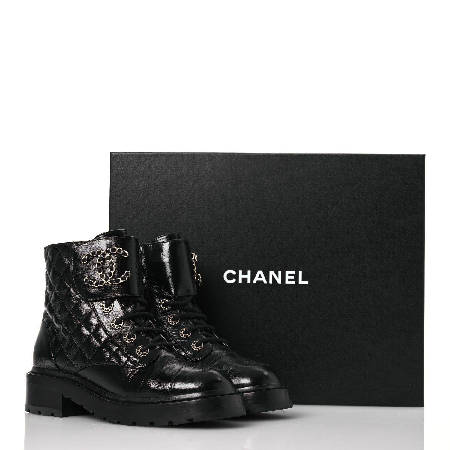 Shiny Calfskin Quilted Lace Up Combat Boots 37 Black