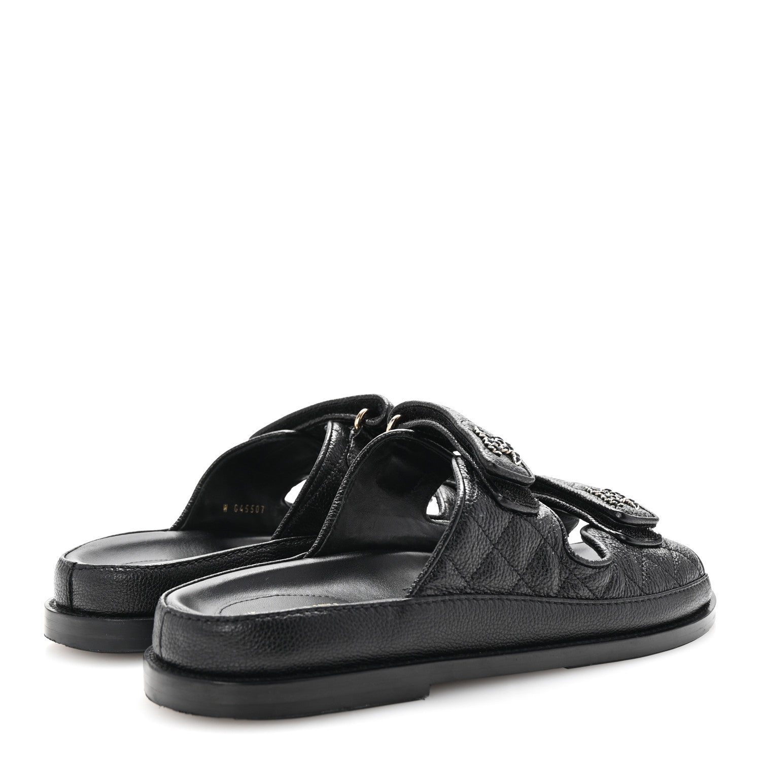 Grained Calfskin Quilted Velcro Dad Chain CC Slide Sandals 40 Black