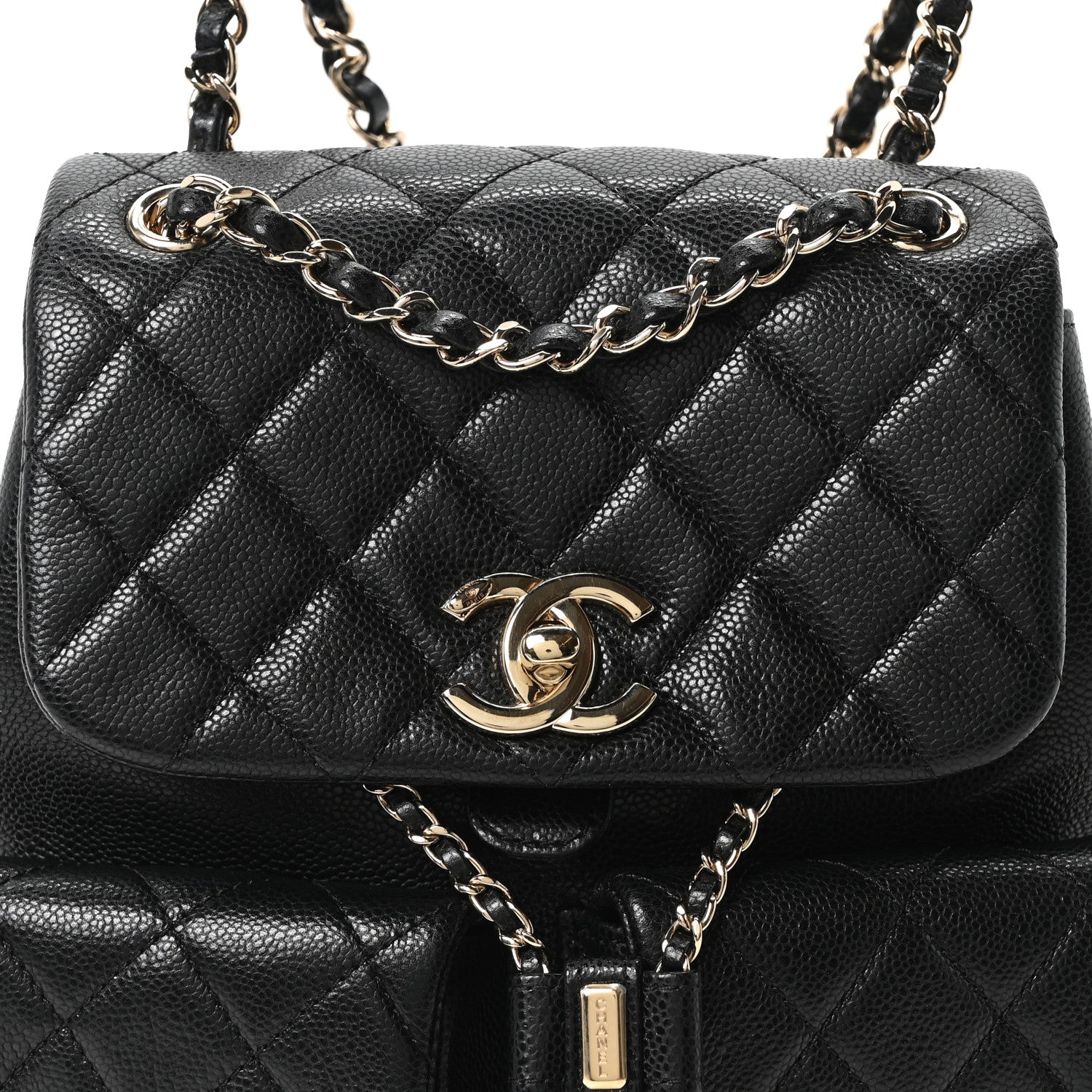 Shiny Caviar Quilted Medium Duma Pockets Drawstring Backpack Black